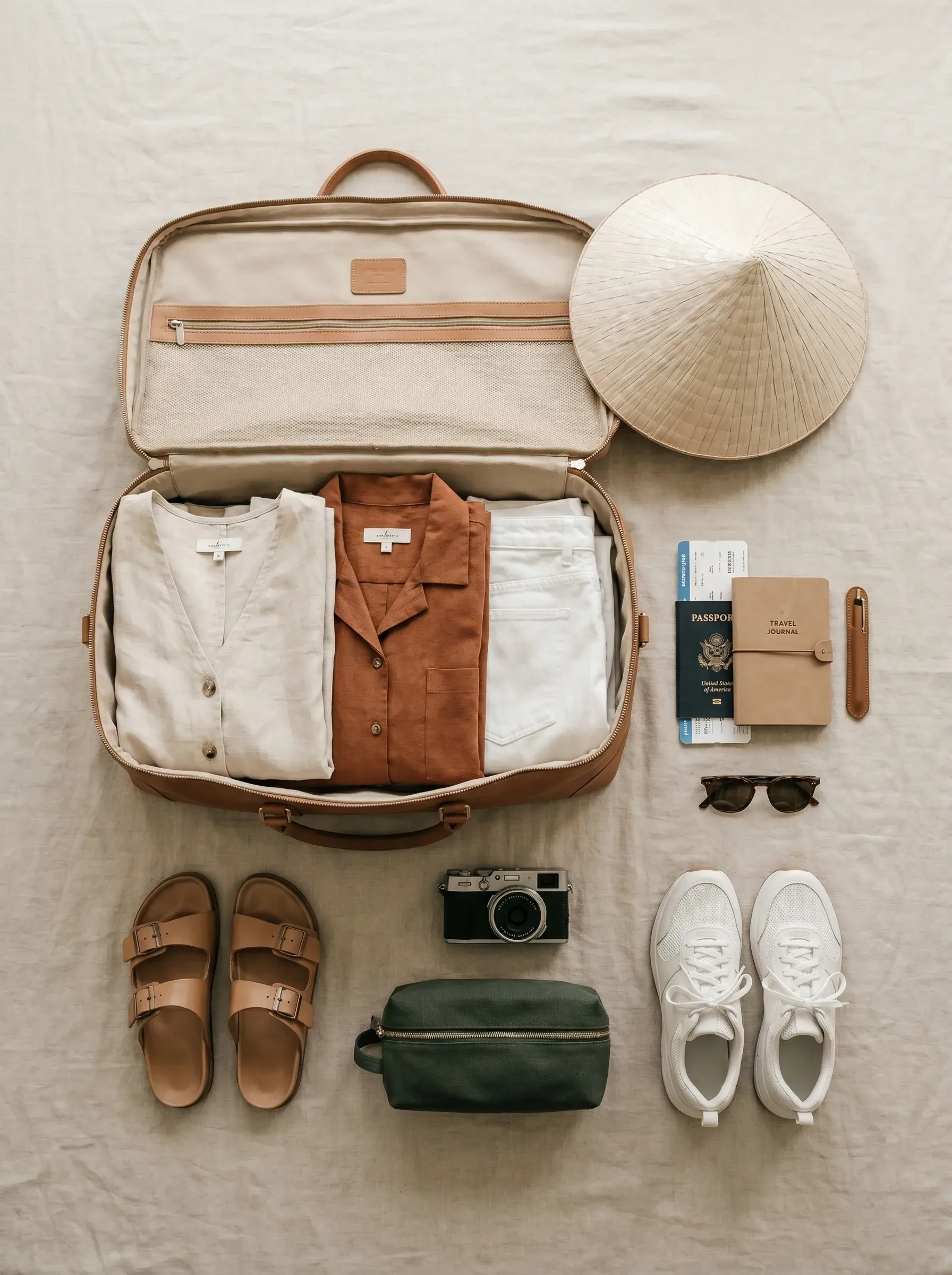 Flat lay lin beige : sac de voyage ouvert avec vêtements pliés, sandales, chapeau conique, passeport, appareil compact, lunettes, trousse kaki et baskets blanches