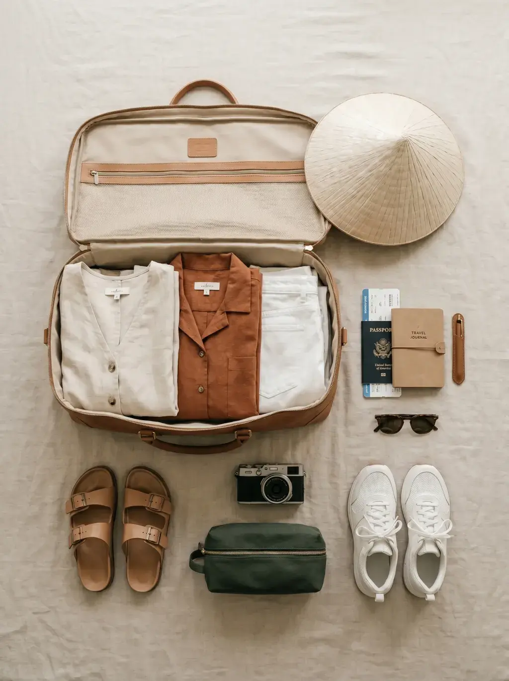 Flat lay lin beige : sac de voyage ouvert avec vêtements pliés, sandales, chapeau conique, passeport, appareil compact, lunettes, trousse kaki et baskets blanches