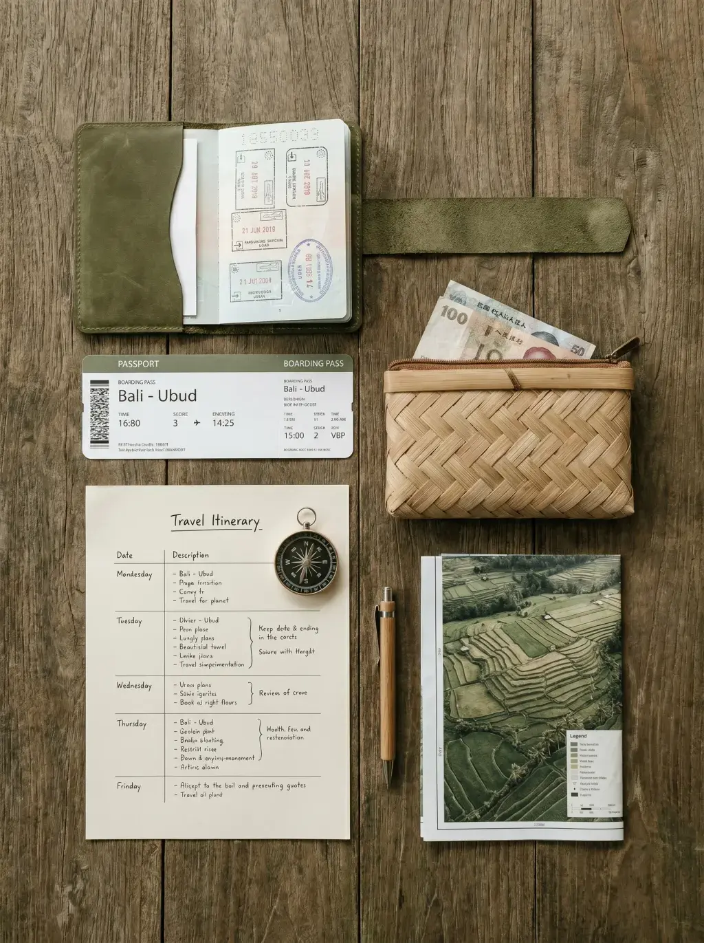 Flat lay parquet bois : porte-passeport kaki ouvert, carte d'embarquement Bali-Ubud, boussole, itinéraire manuscrit, billet de banque et portefeuille bambou