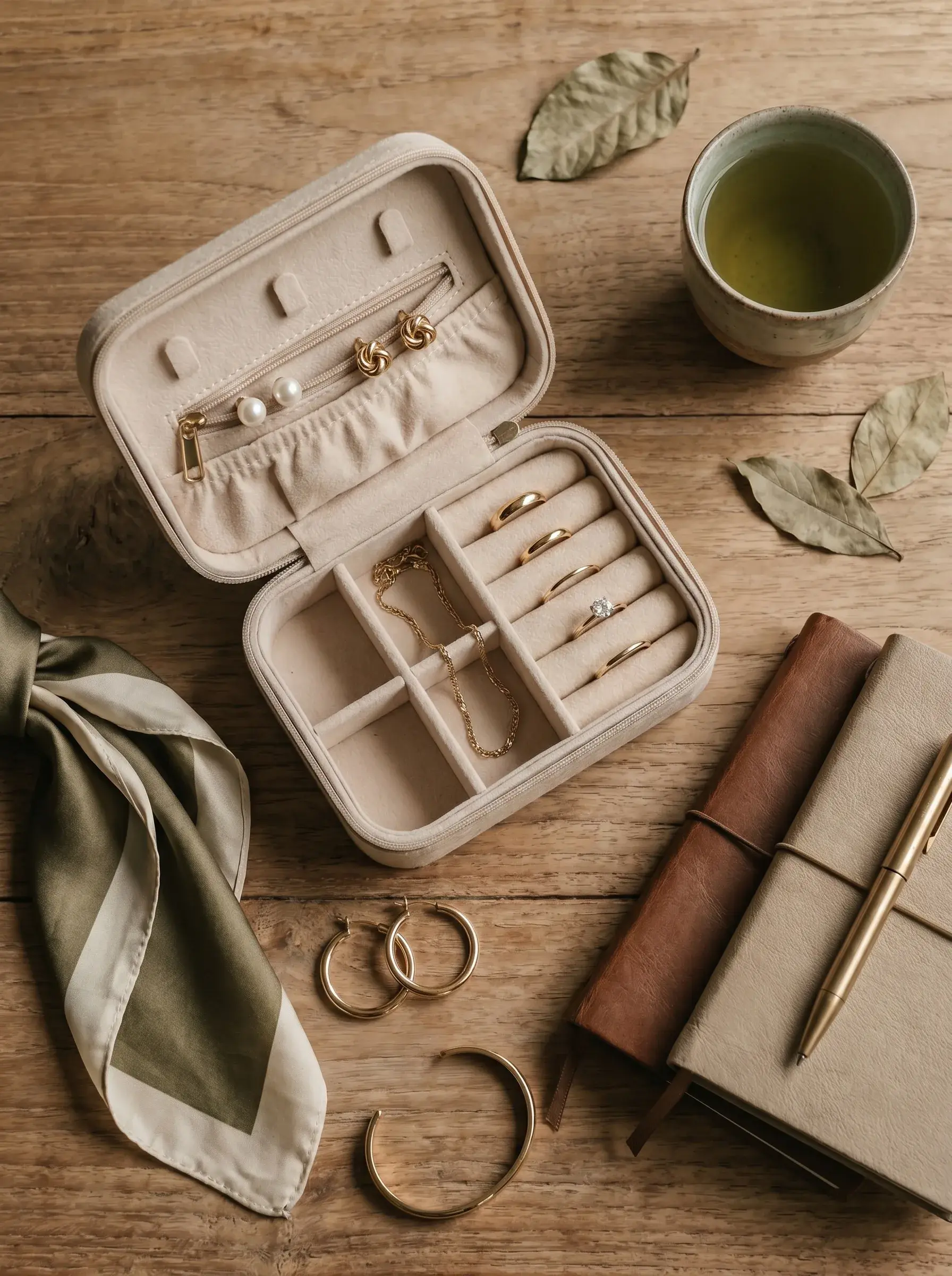 Flat lay table bois : boîte à bijoux de voyage velours beige ouverte avec bagues et colliers en or, foulard soie kaki, carnet cuir, thé vert
