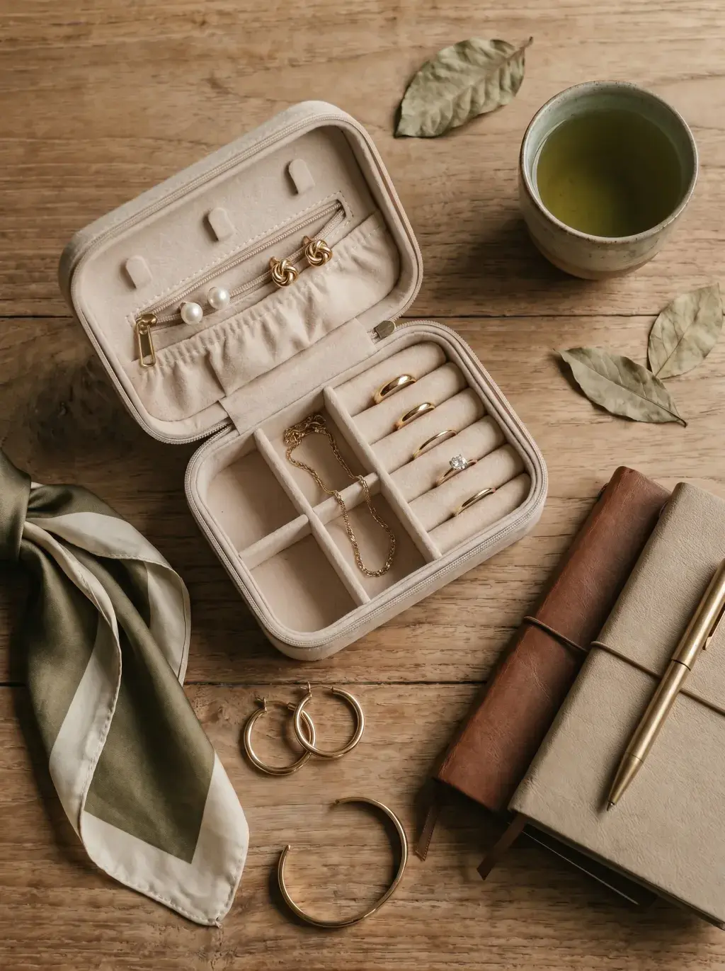 Flat lay table bois : boîte à bijoux de voyage velours beige ouverte avec bagues et colliers en or, foulard soie kaki, carnet cuir, thé vert