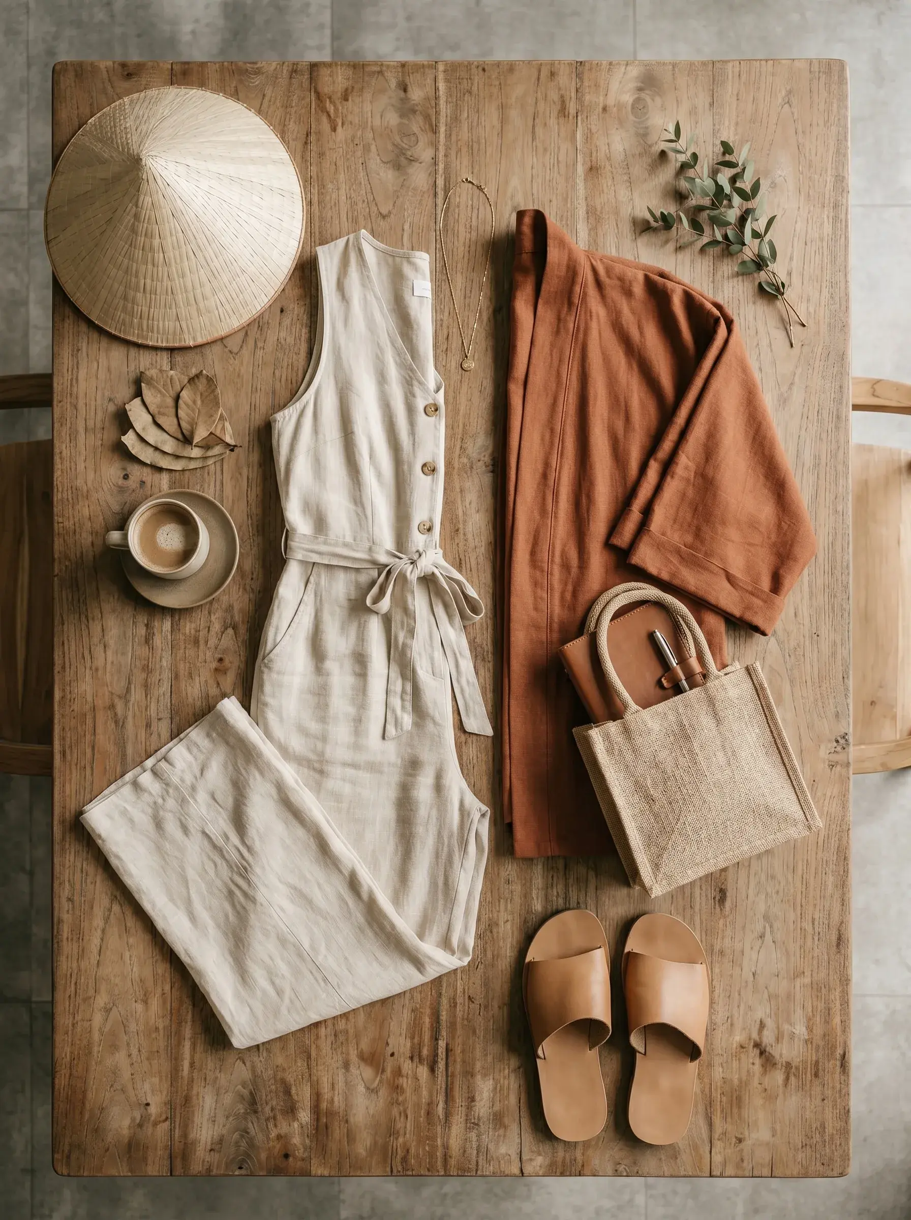 Flat lay table bois : combinaison lin beige dépliée, veste lin terra cotta, sandales cuir, tote bag jute, chapeau conique, tasse café et eucalyptus
