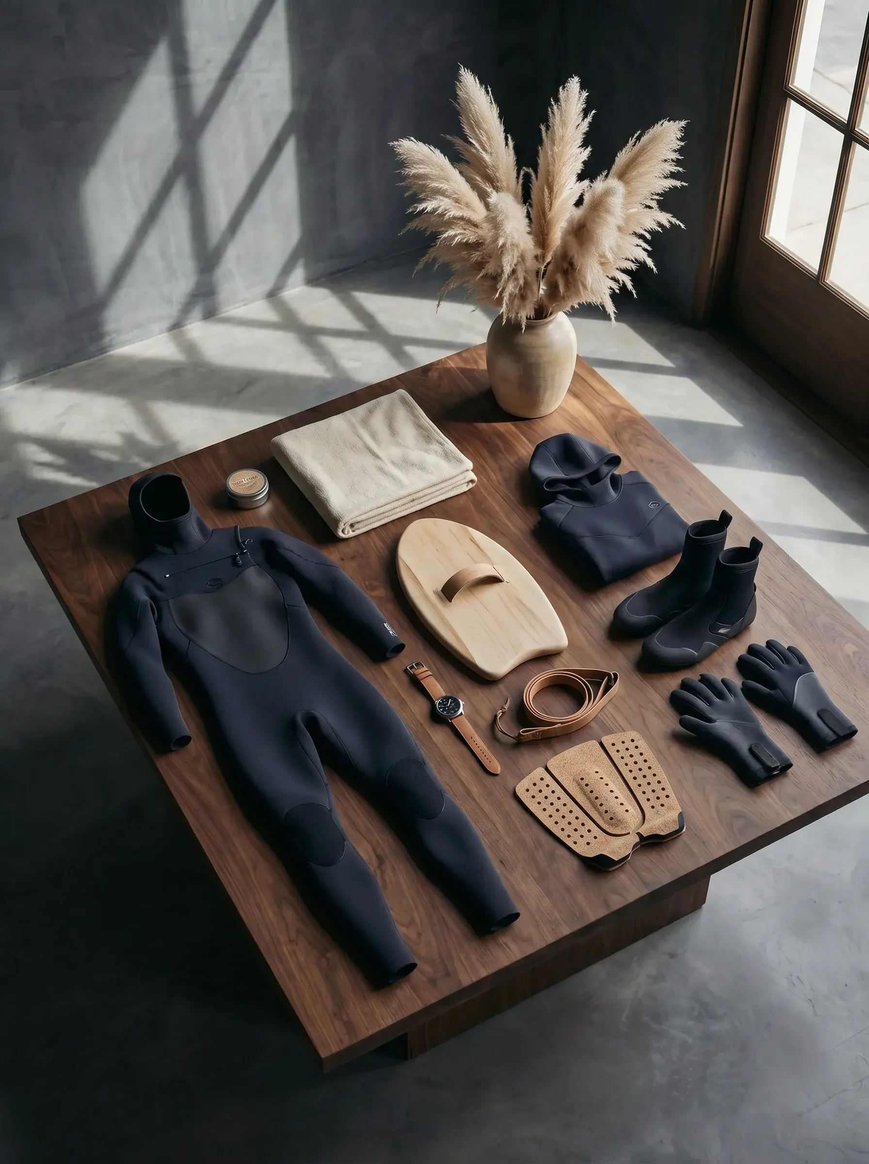 Flatlay de l'équipement complet du surfeur sur table
