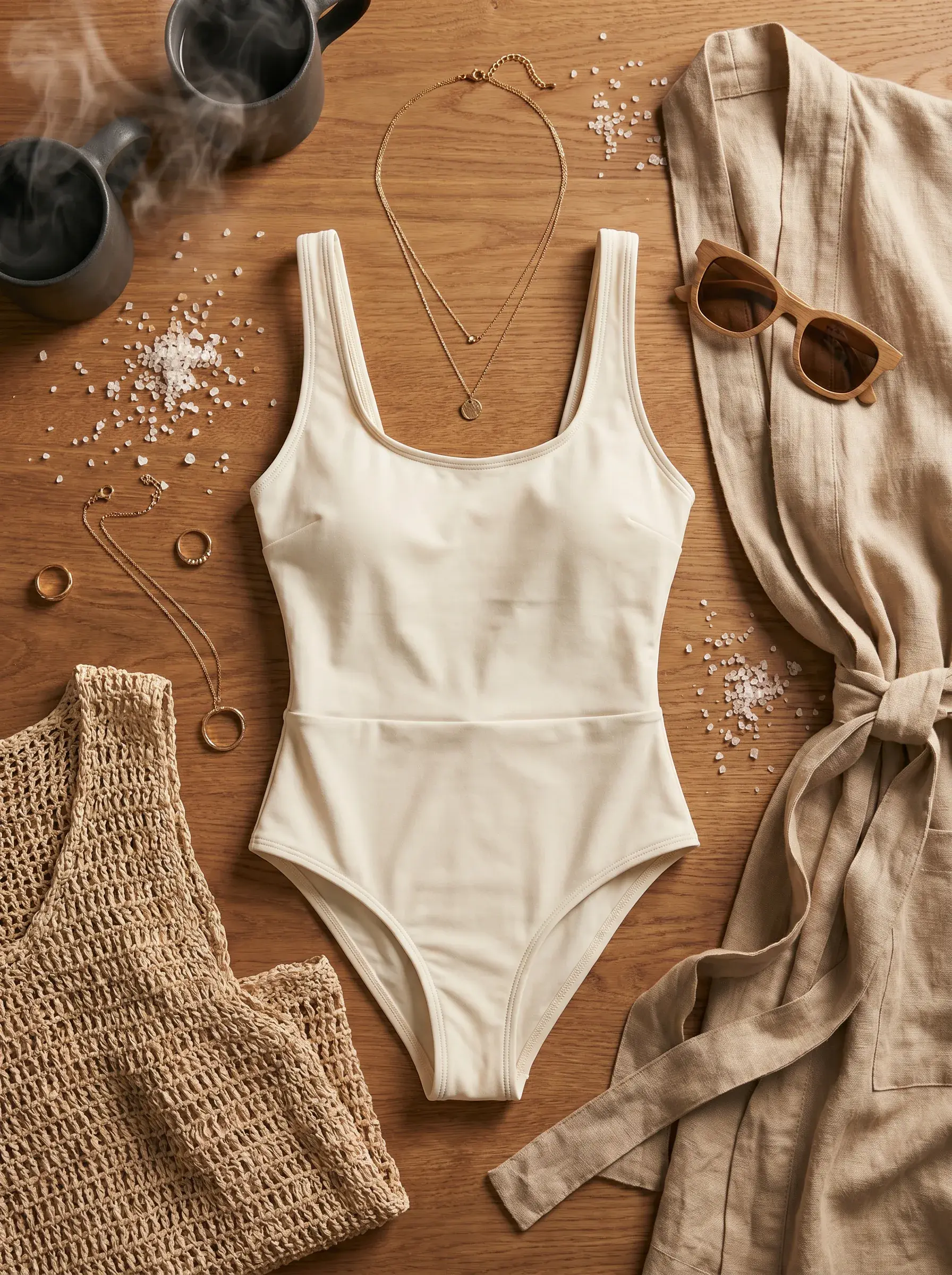 Flatlay de maillot une-pièce et accessoires d'été