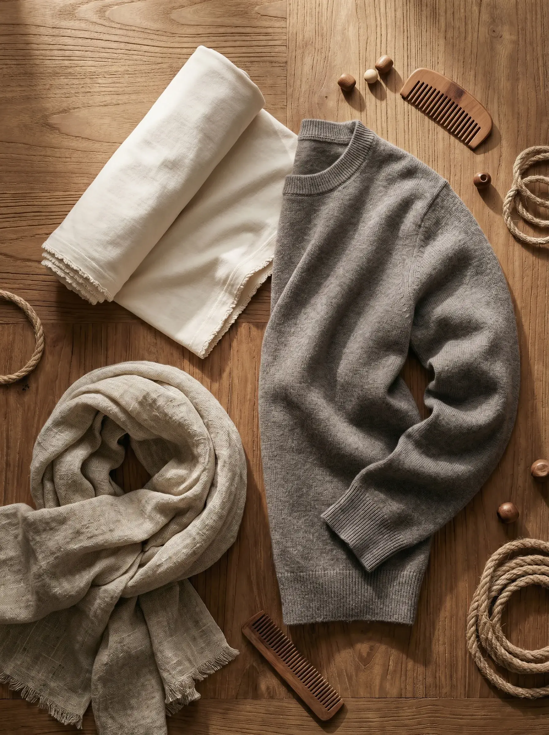 Flatlay de vêtements et accessoires en matières naturelles