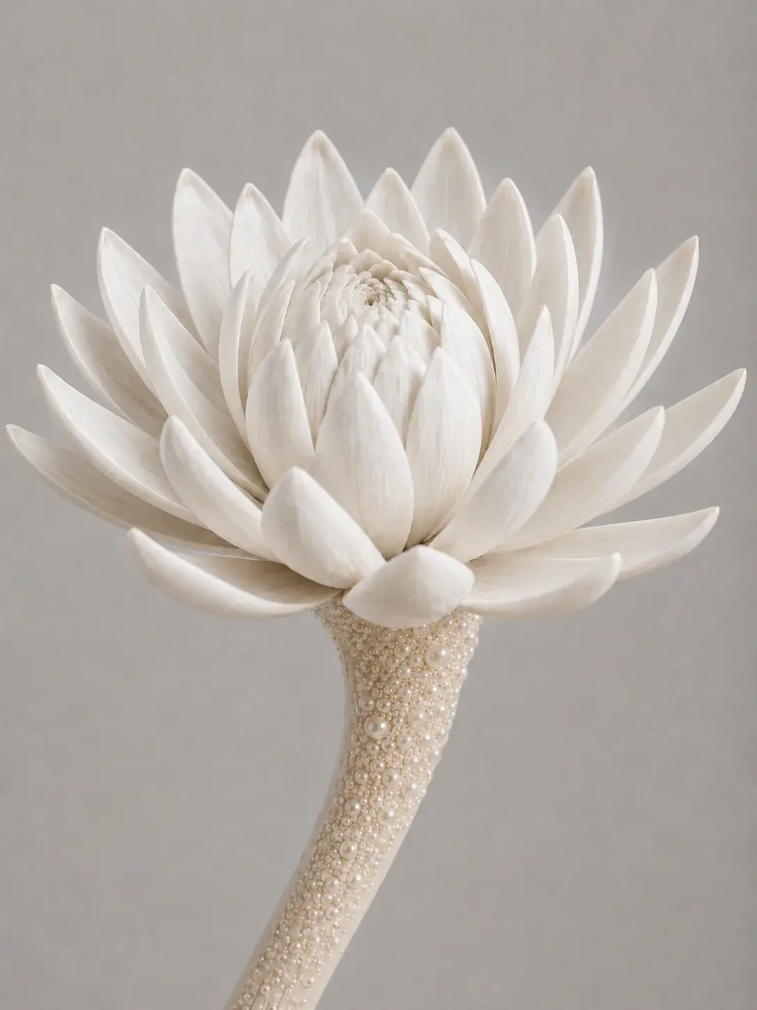 Fleur épanouie aux pétales blancs étagés sur tige nacrée, botanique sculpturale