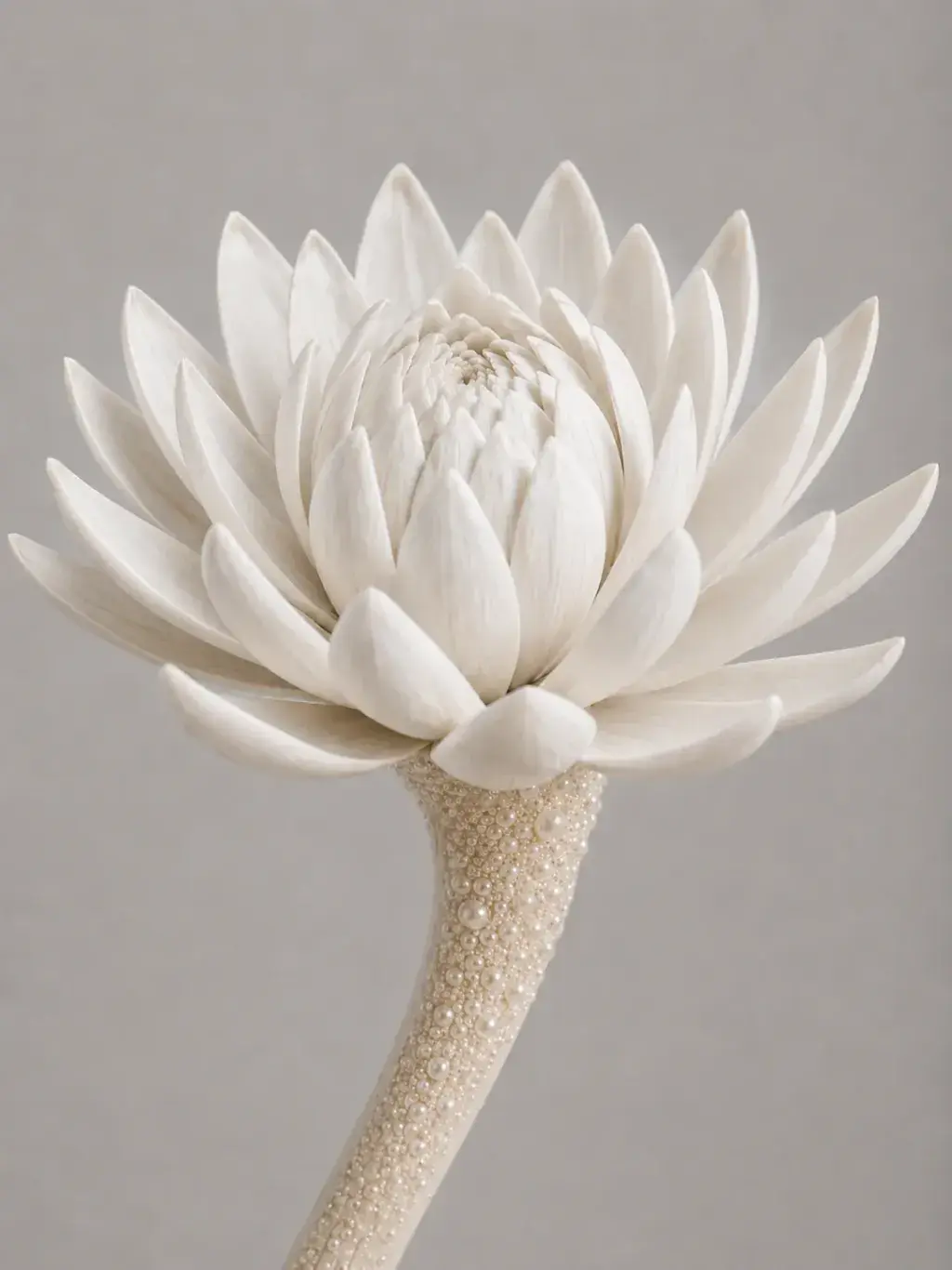 Fleur épanouie aux pétales blancs étagés sur tige nacrée, botanique sculpturale