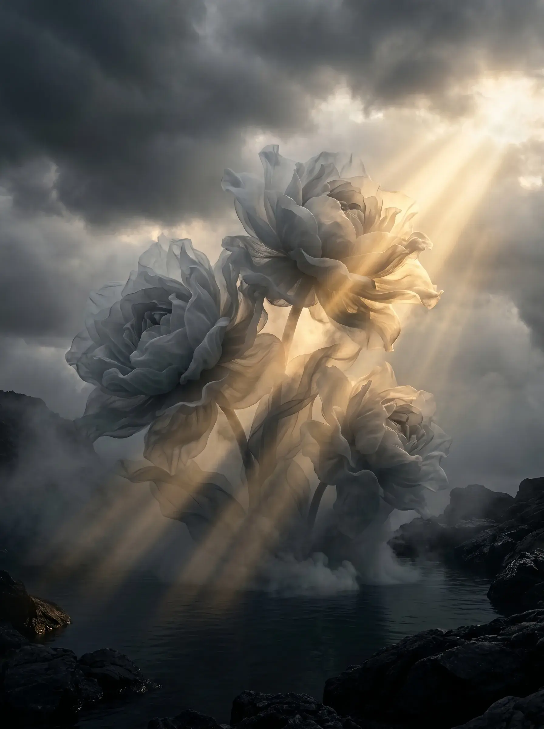 Fleurs de pivoines géantes en voile gaze – ciel orageux, rayons de lumière, roches, composition fantastique
