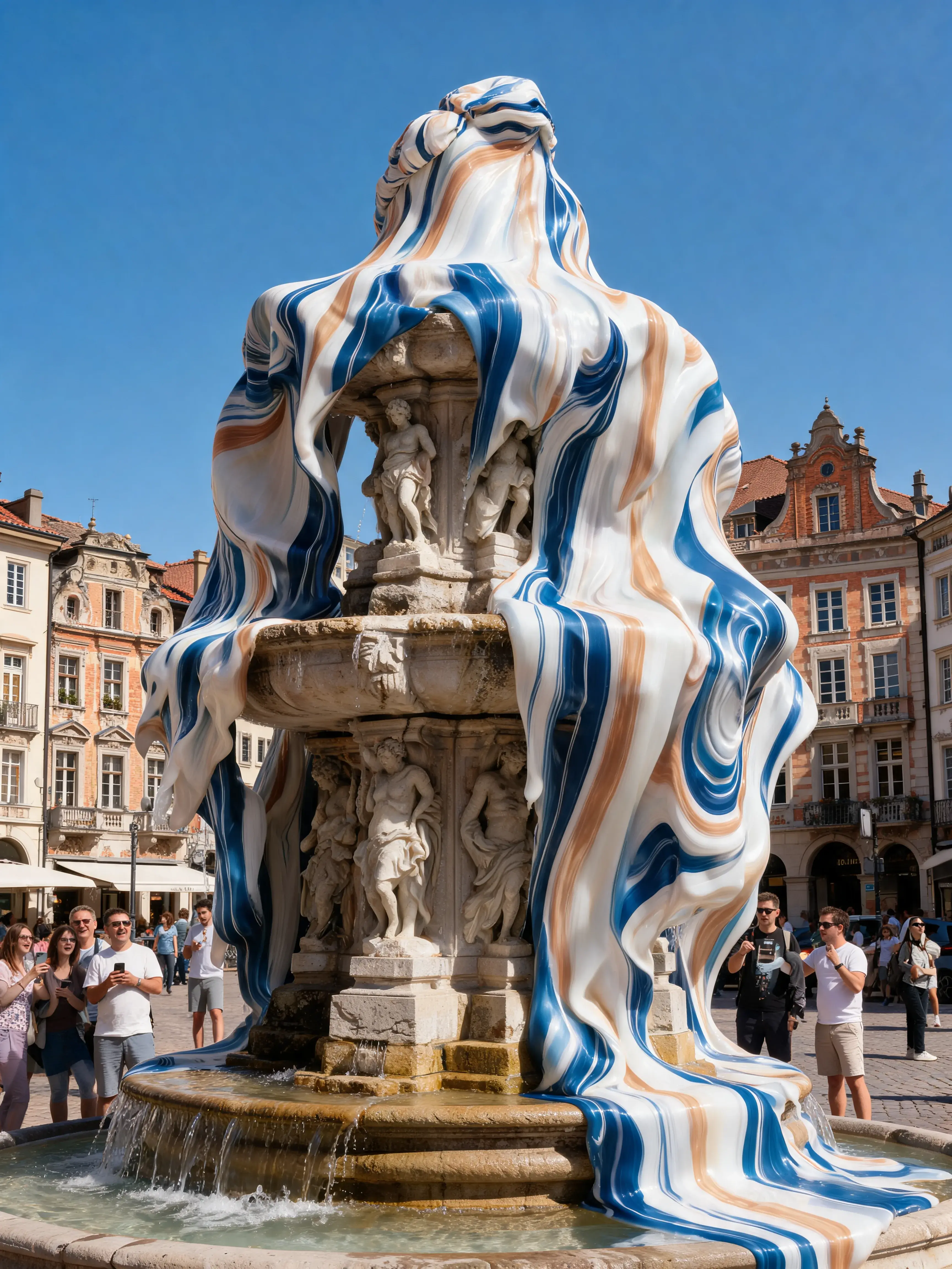 Fontaine baroque recouverte de matière marbré coulante – place européenne, visiteurs, été