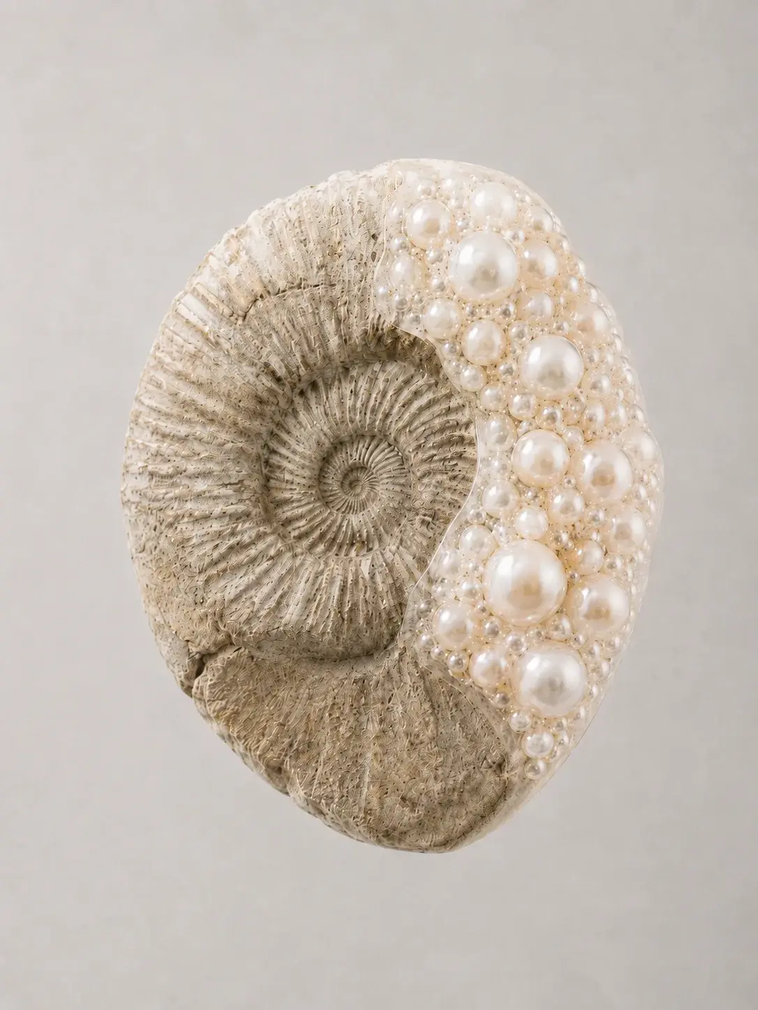 Fossile d'ammonite dont une moitié est incrustée de perles de tailles variées