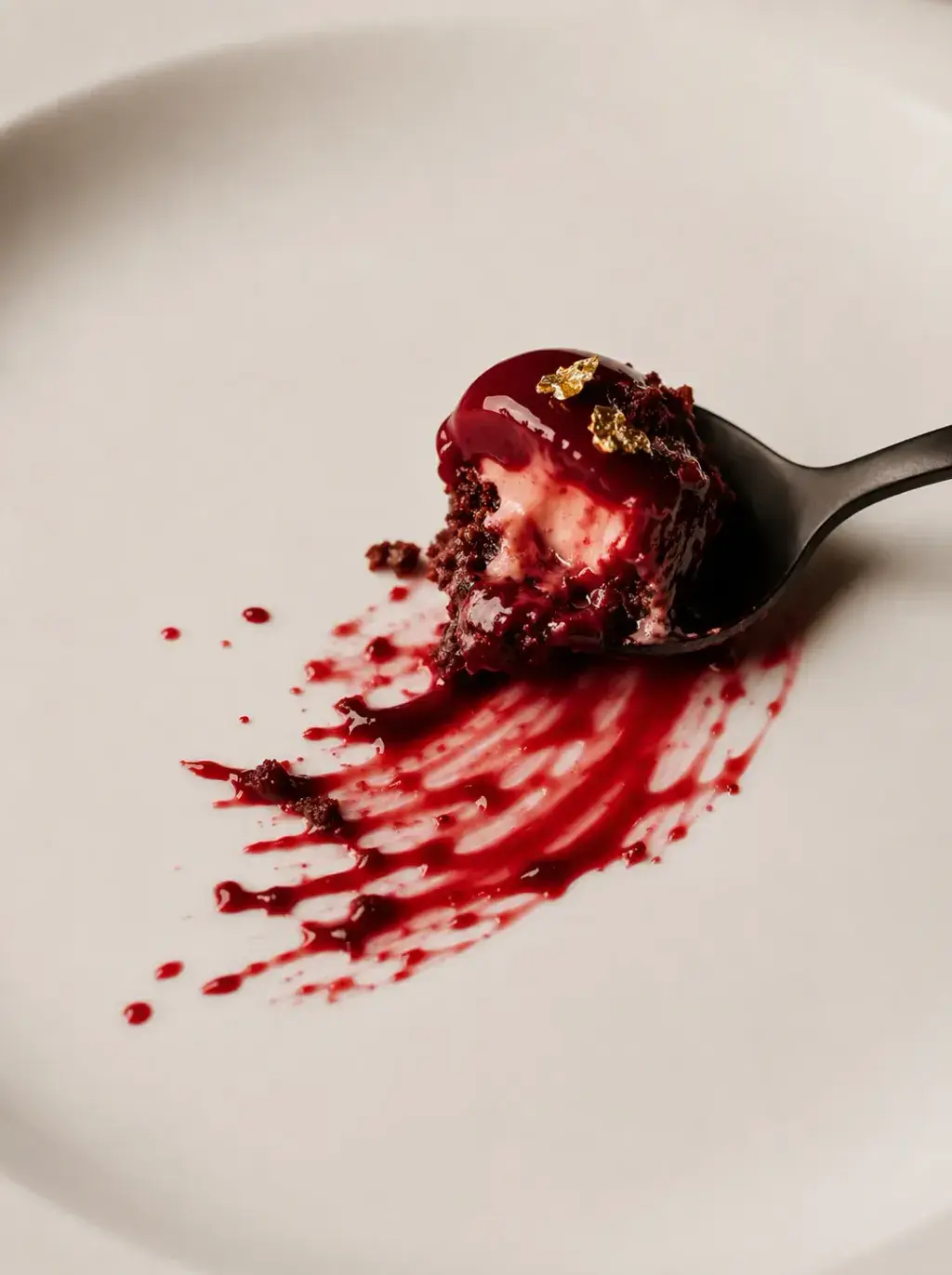 Fourchette noire piquant entremets bordeaux – coulis rouge éclaboussé sur assiette blanche