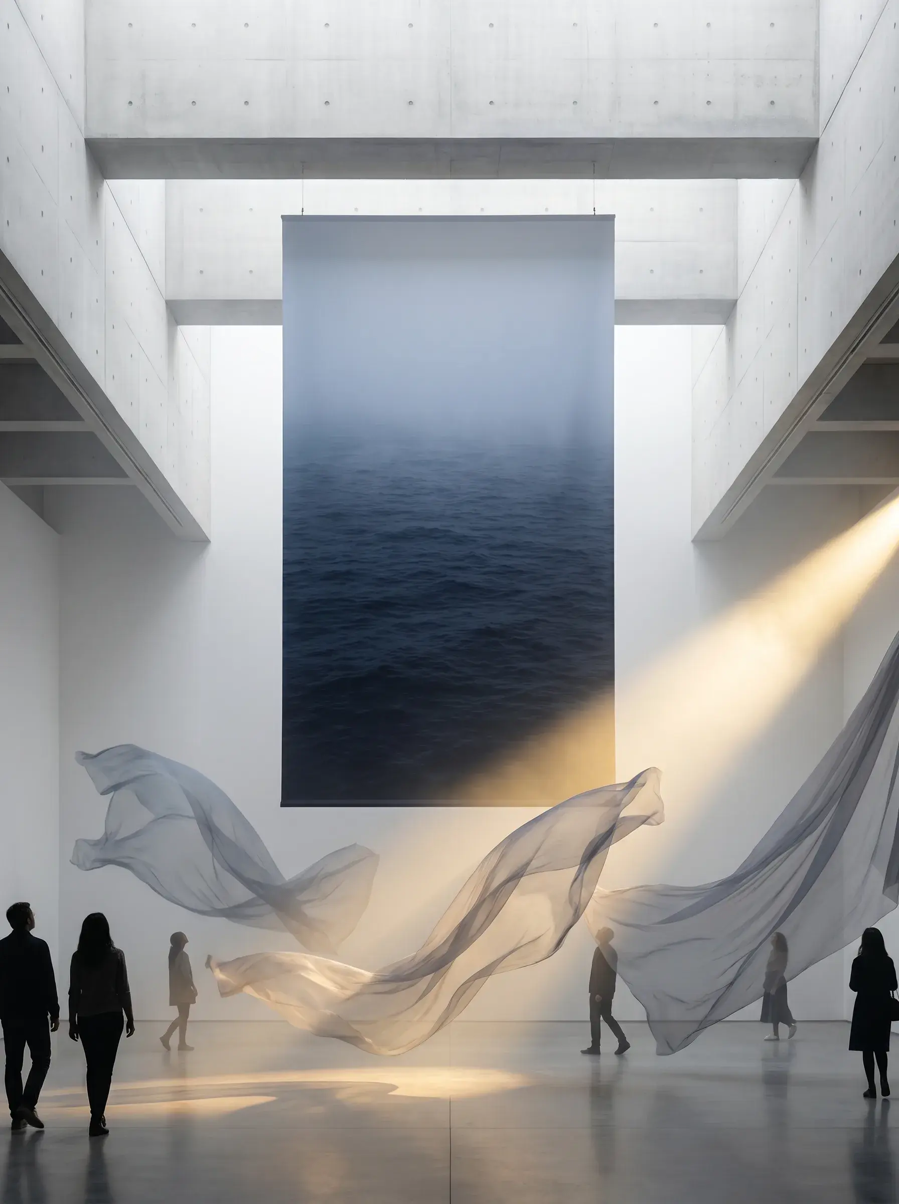 Galerie d'art contemporaine – toile de mer géante, voiles gaze ondulants, silhouettes, rayons de lumière