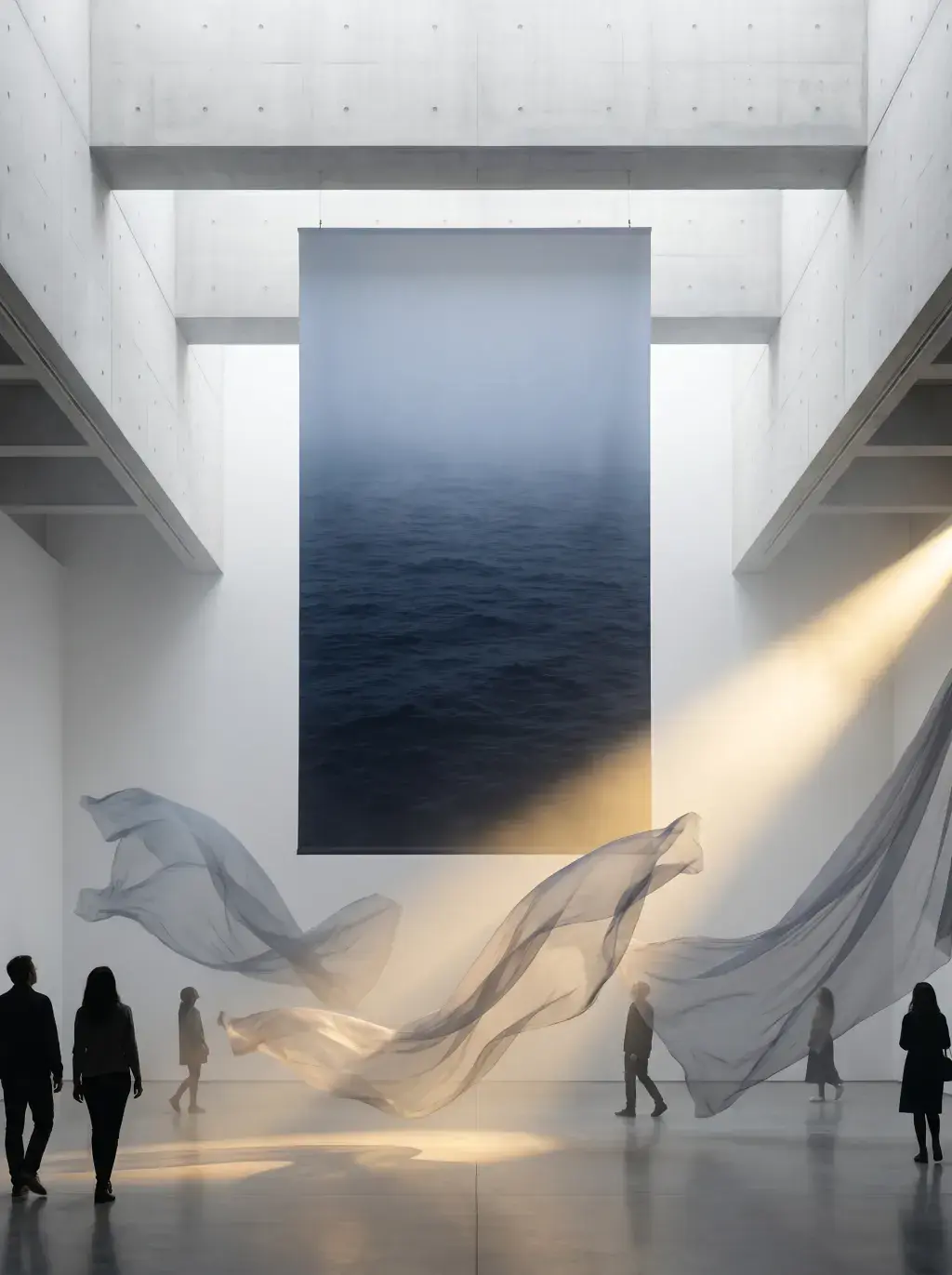 Galerie d'art contemporaine – toile de mer géante, voiles gaze ondulants, silhouettes, rayons de lumière
