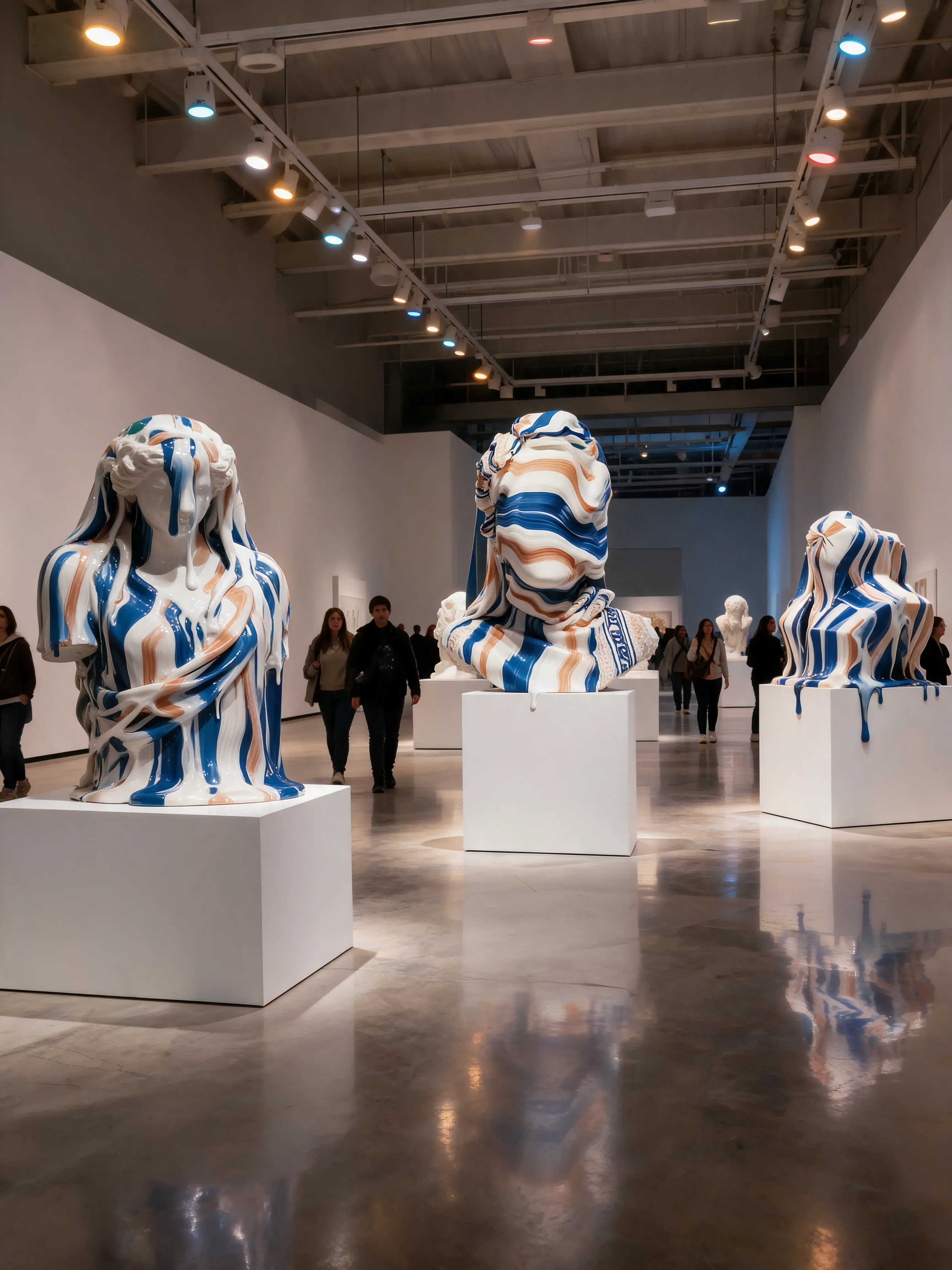 Galerie d'art – trois bustes classiques recouverts de matière marbré coulante, visiteurs