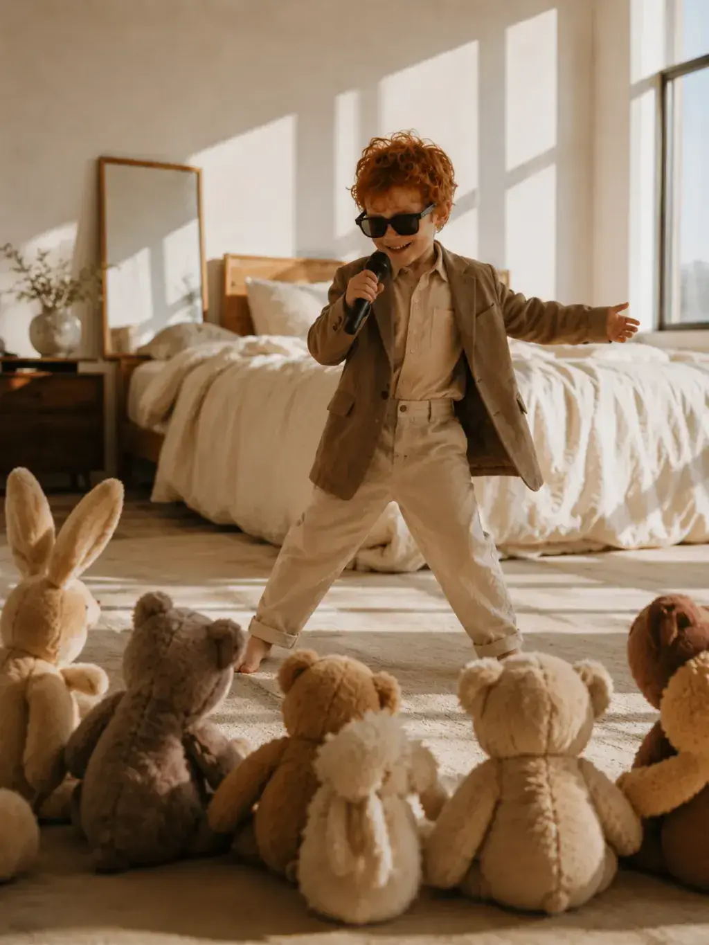 Garçon roux chantant au micro devant ses peluches