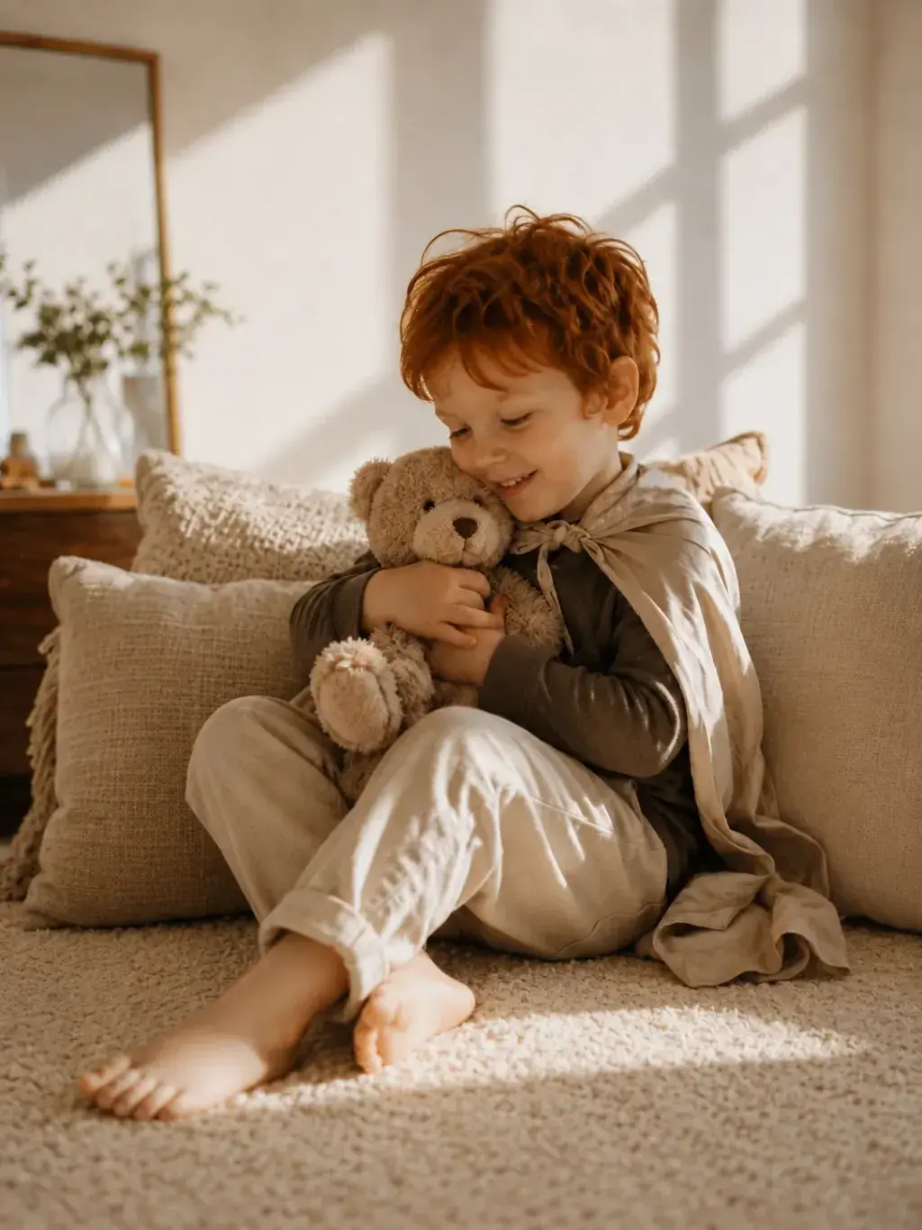 Garçon roux en cape embrassant son nounours sur le canapé