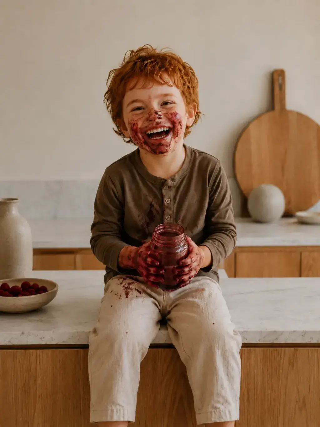 Garçon roux le visage couvert de confiture tenant un pot