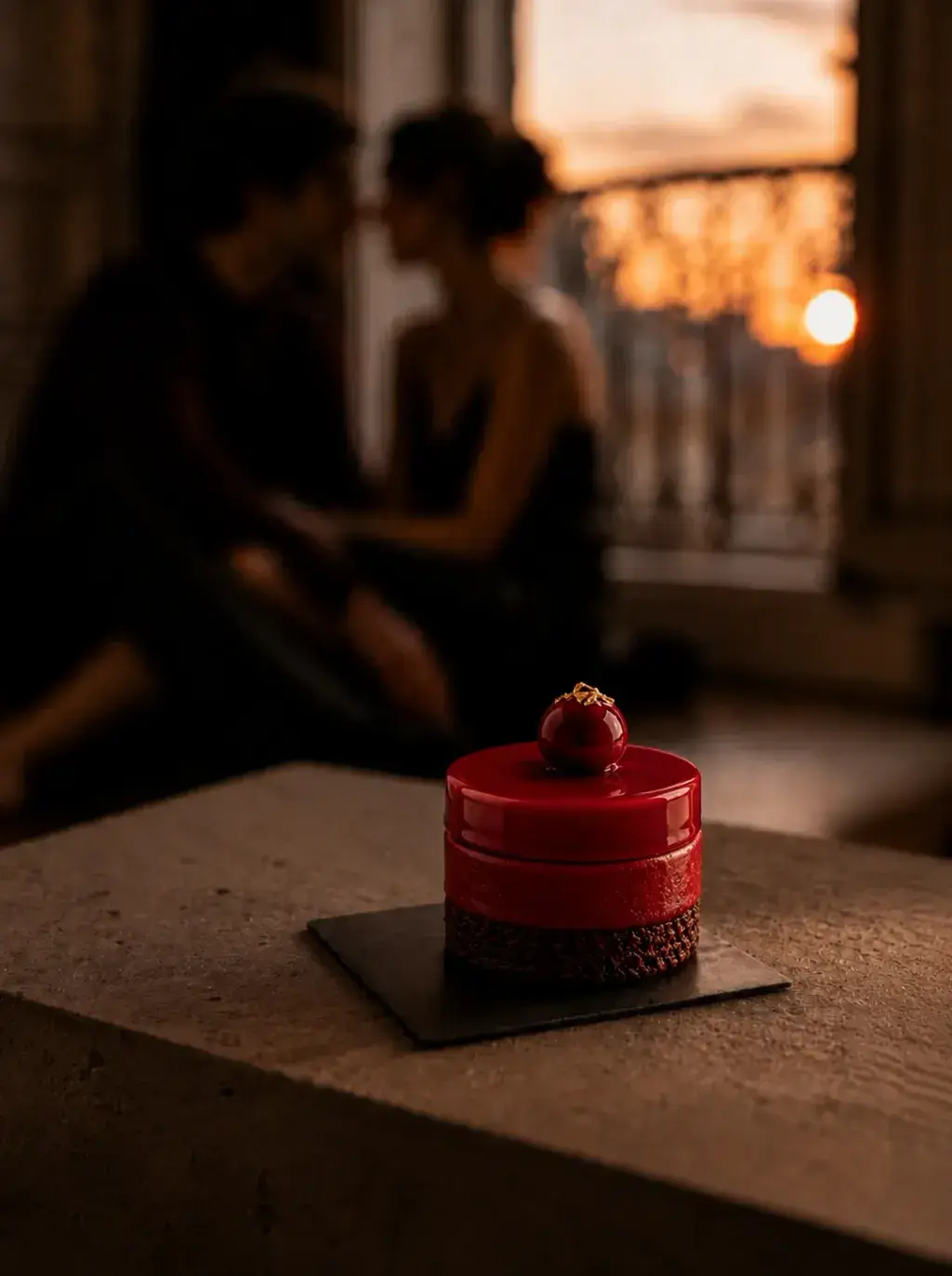 Gâteau individuel rouge laqué sur ardoise noire, couple flou en fond devant fenêtre parisienne au coucher de soleil