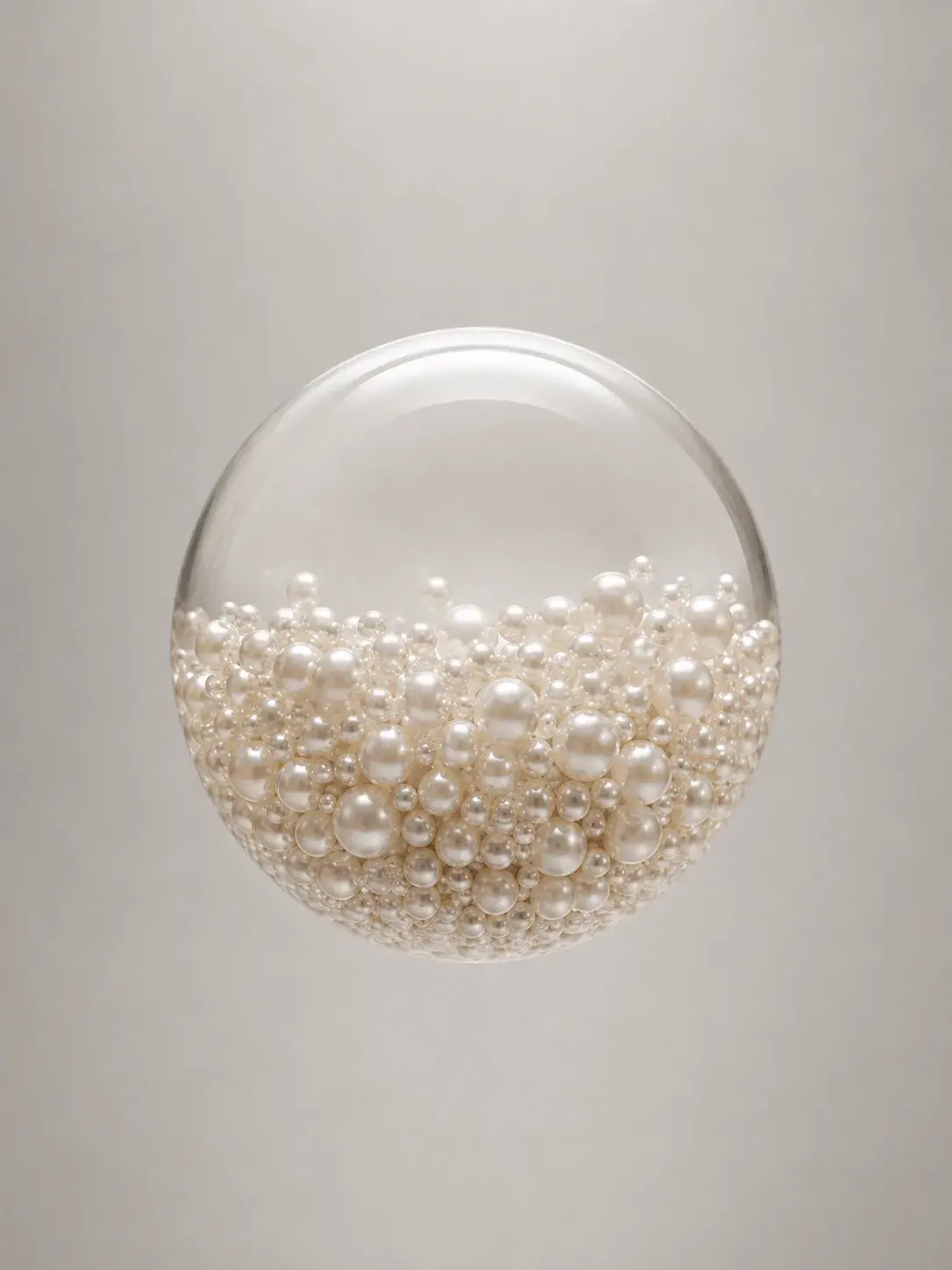 Globe en verre transparent renfermant des perles de tailles variées, bulle nacrée flottante