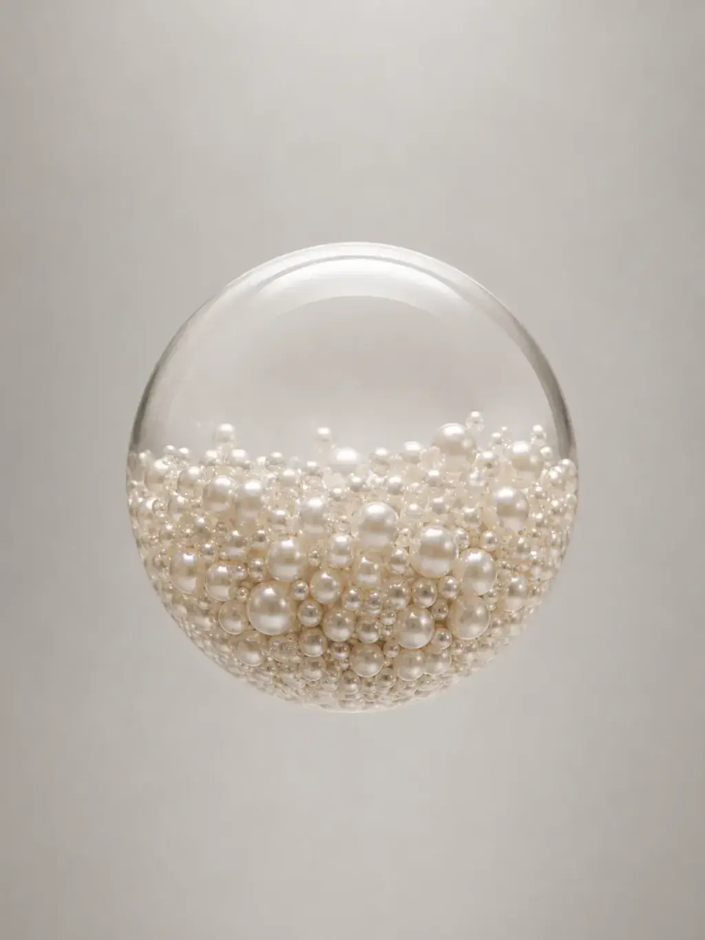 Globe en verre transparent renfermant des perles de tailles variées, bulle nacrée flottante
