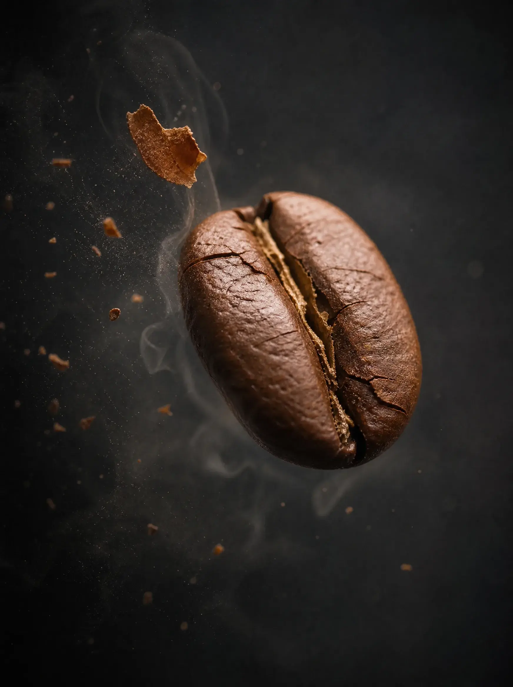 Grain de café torréfié en suspension – macro, fumée, éclats, fond noir dramatique
