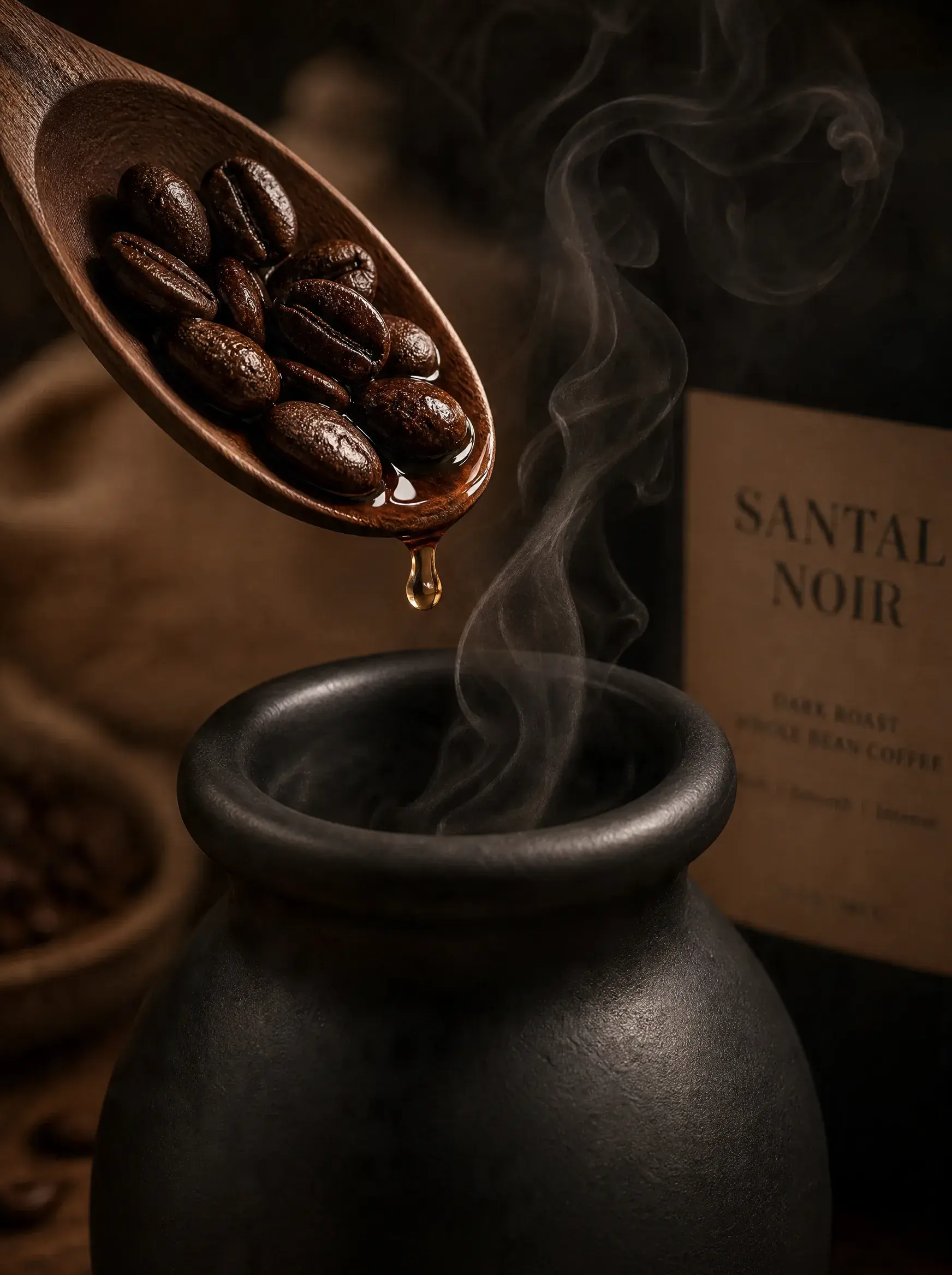 Grains de café brillants sur cuillère bois au-dessus pot céramique fumant – goutte huile, fond sombre