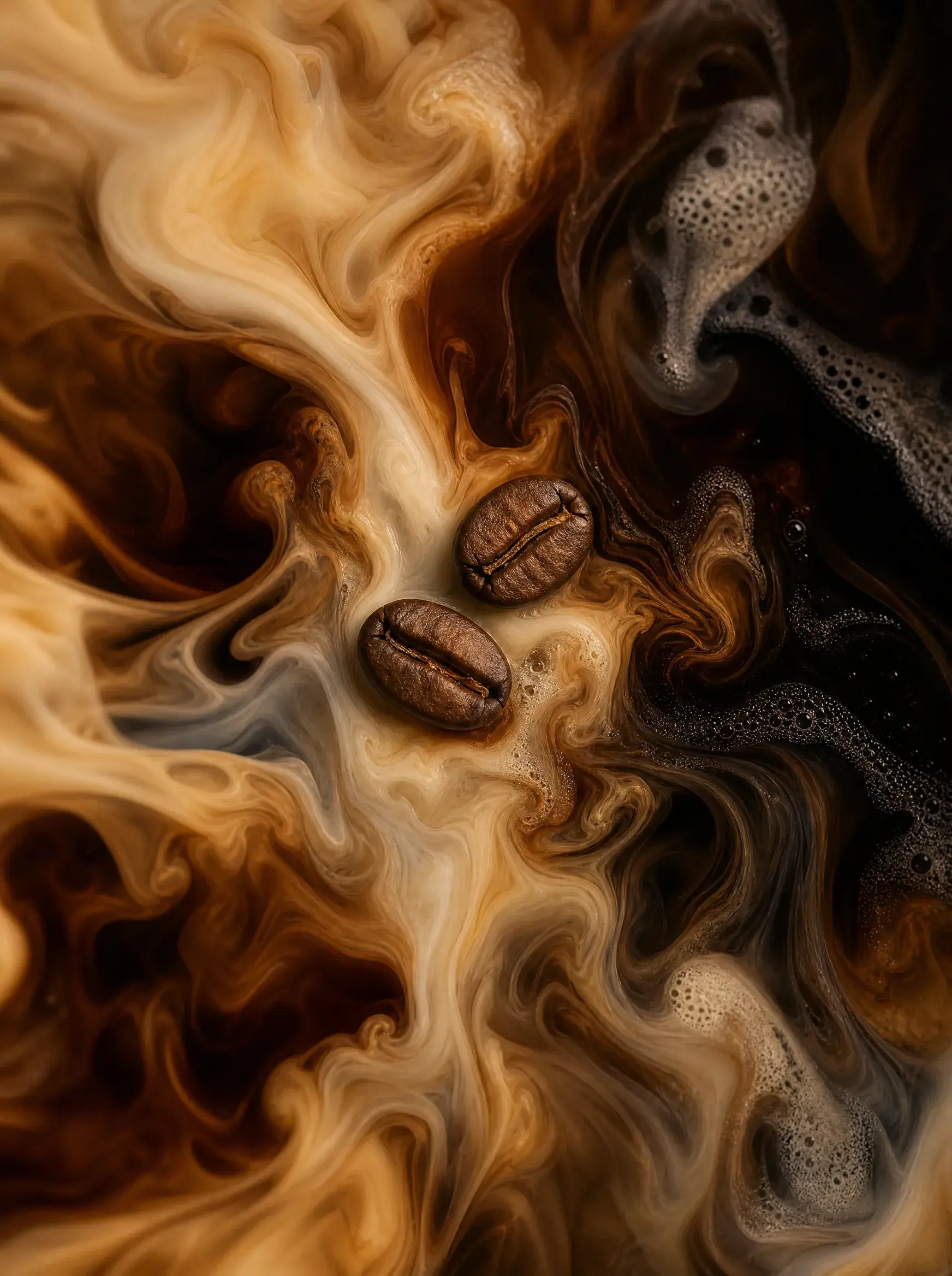 Grains de café dans tourbillon liquide abstrait – vagues brunes dorées, crème, art photographique