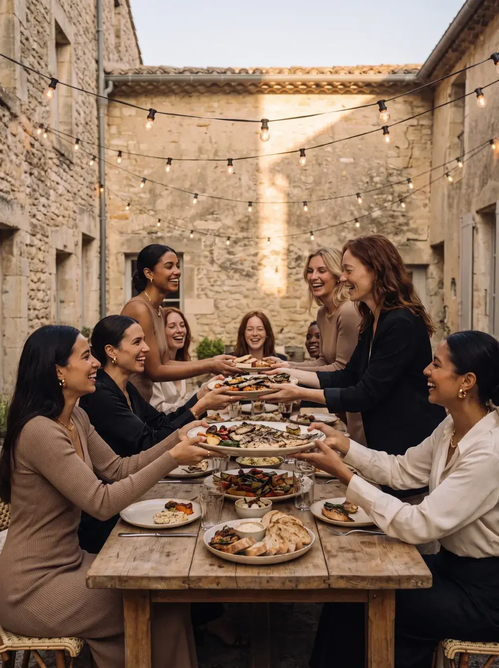 Grand dîner de femmes sous les guirlandes dans une cour en pierre provençale