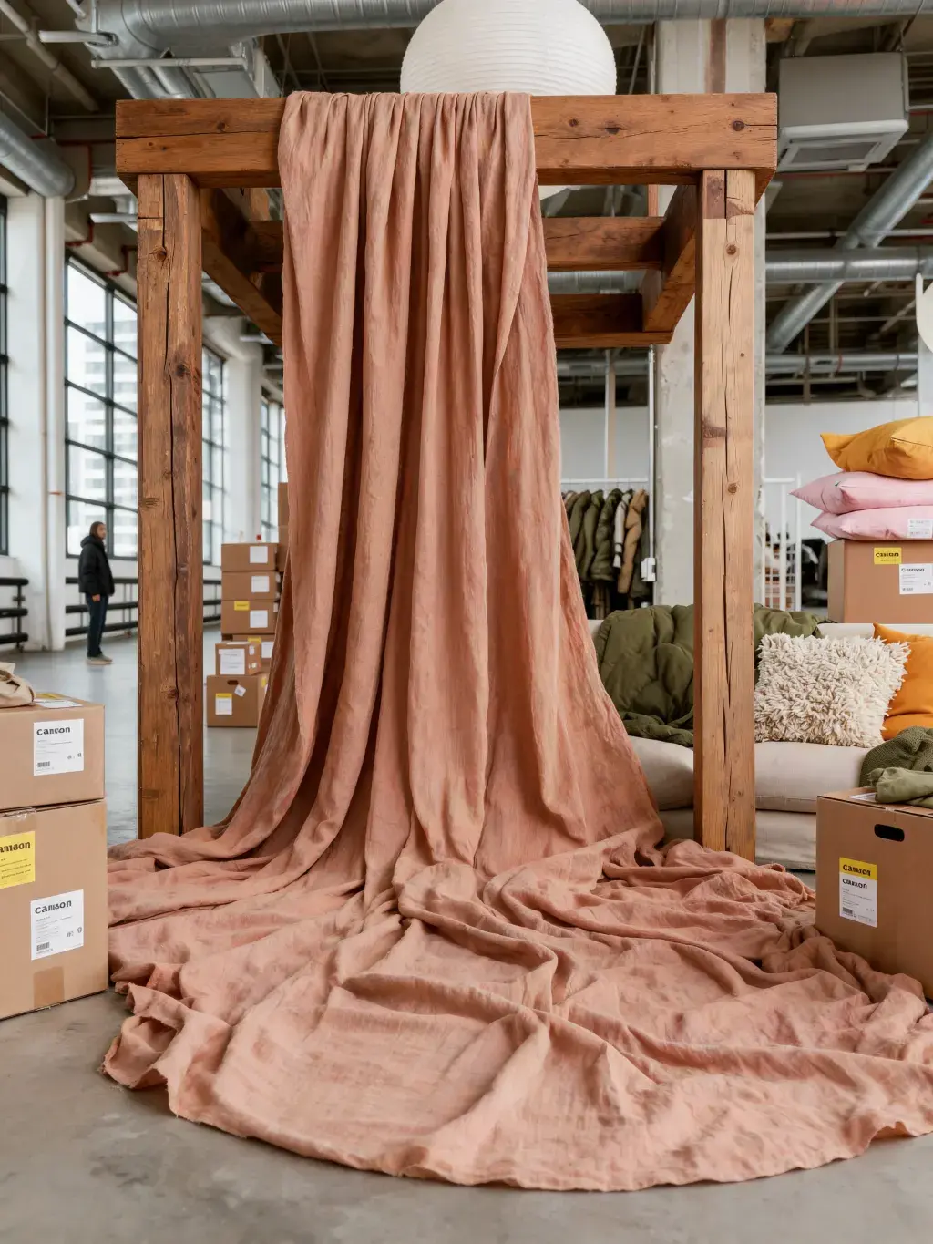 Grand drapé tissu terracotta sur structure bois
