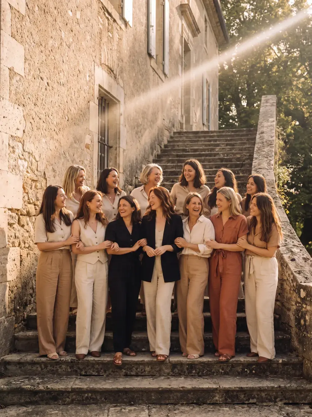 Grand groupe de femmes souriant sur les marches d'un manoir en pierre à la lumière dorée