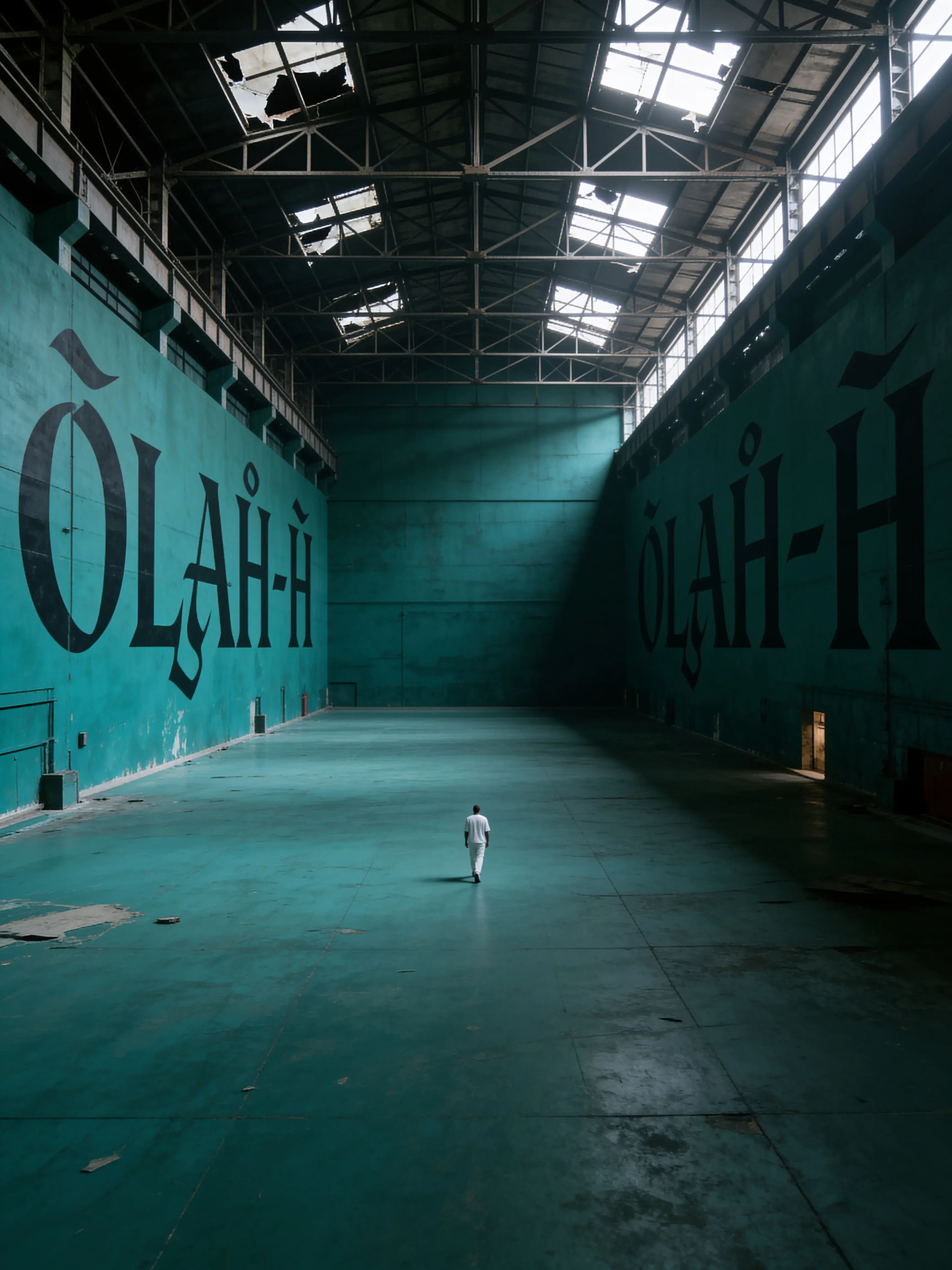 Grand hangar industriel délabré avec murs peints ÓLAH-H en vert sarcelle et silhouette humaine