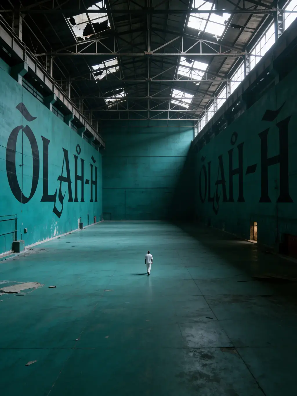 Grand hangar industriel délabré avec murs peints ÓLAH-H en vert sarcelle et silhouette humaine