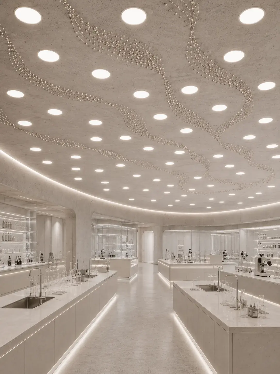 Grand laboratoire-galerie lumineux, plafond orné de perles en constellation et comptoirs en marbre blanc