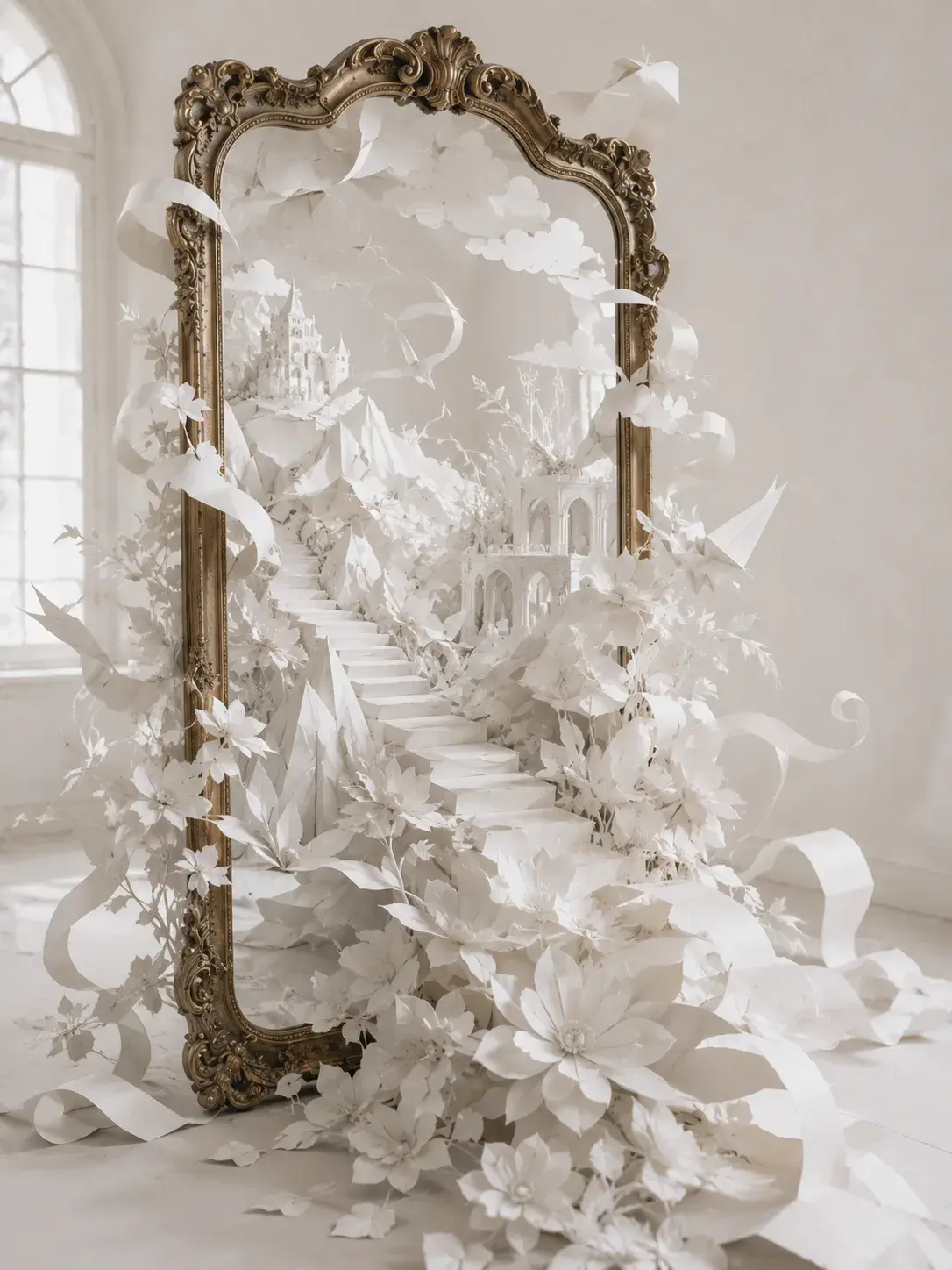 Grand miroir doré d'où s'échappe un univers en papier blanc – fleurs, oiseaux et escaliers