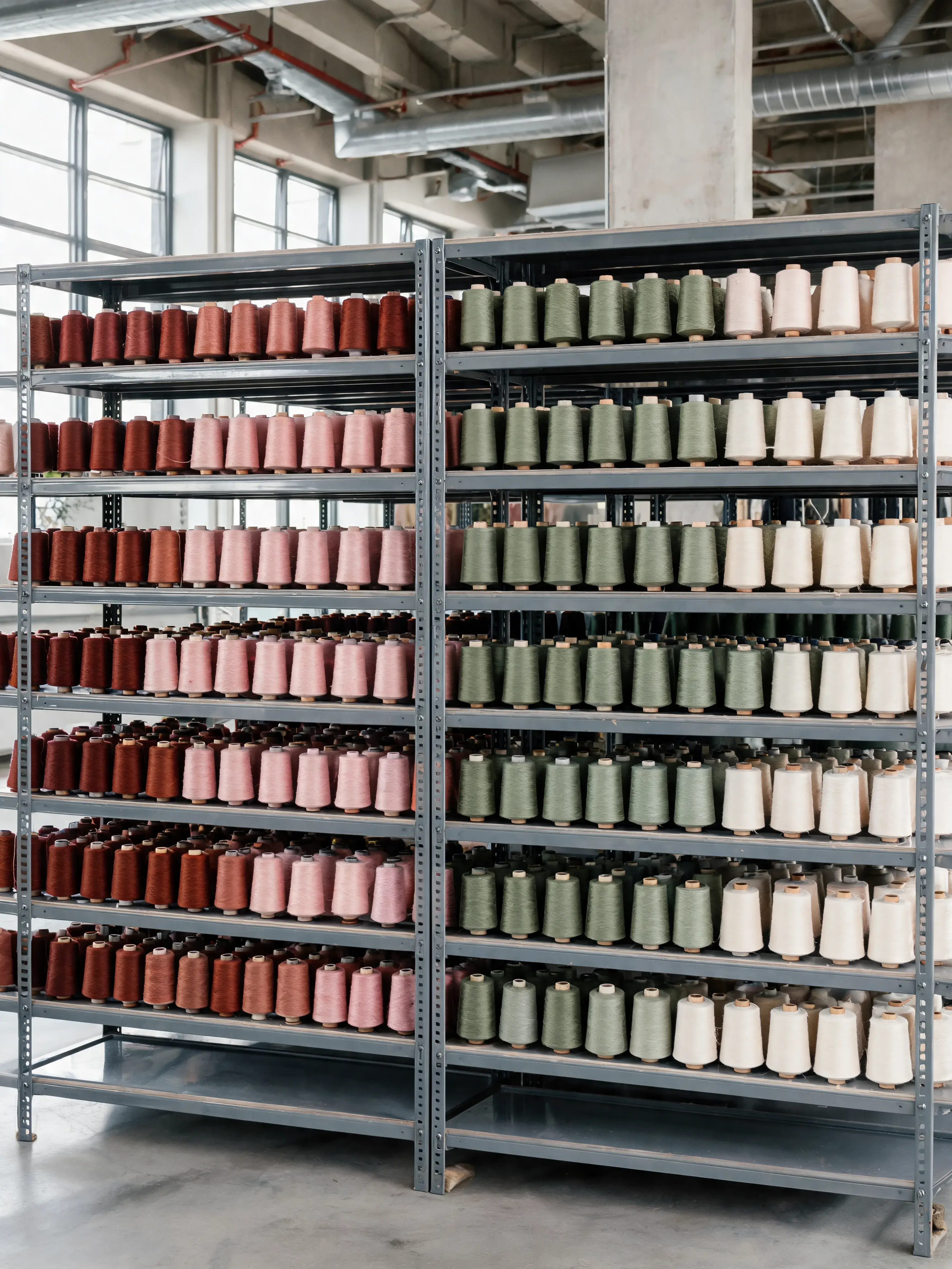 Grand rayonnage bobines fil – terracotta rose vert beige crème, atelier textile industriel