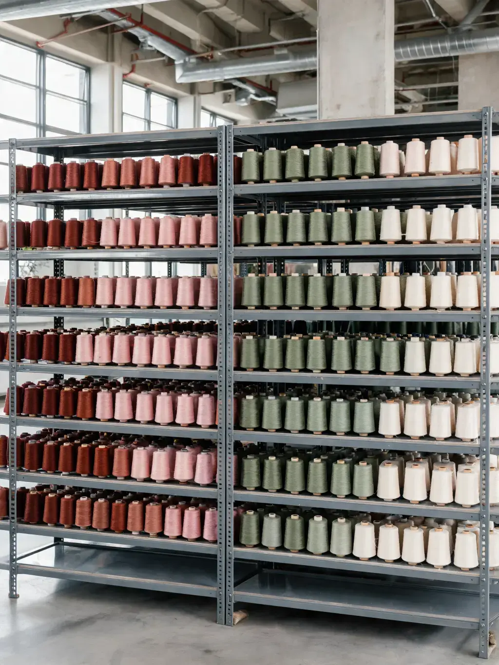 Grand rayonnage bobines fil – terracotta rose vert beige crème, atelier textile industriel