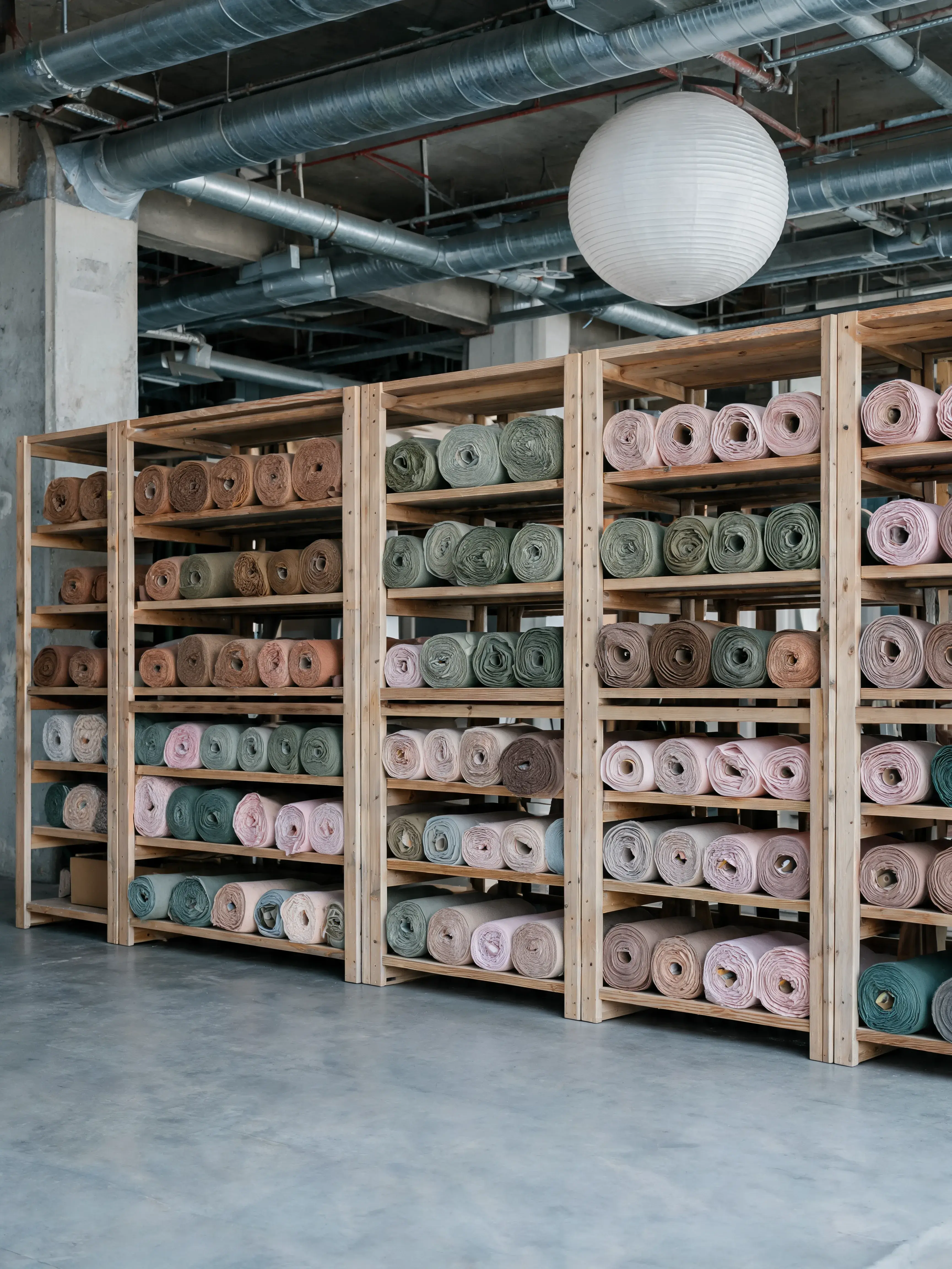 Grand rayonnage bois rouleaux tissu multicolores – terracotta rose vert beige, entrepôt textile loft