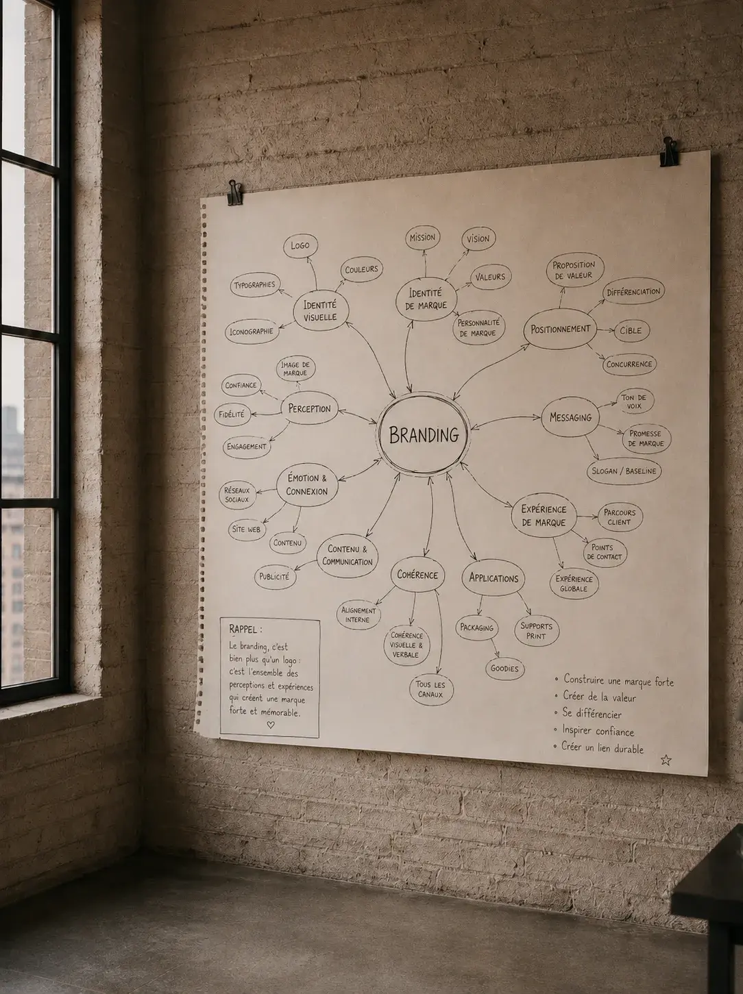 Grande carte mentale BRANDING en français épinglée sur mur béton de loft industriel avec lumière naturelle de fenêtres