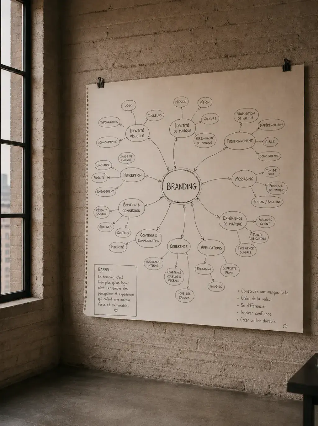 Grande carte mentale BRANDING en français épinglée sur mur béton de loft industriel avec lumière naturelle de fenêtres