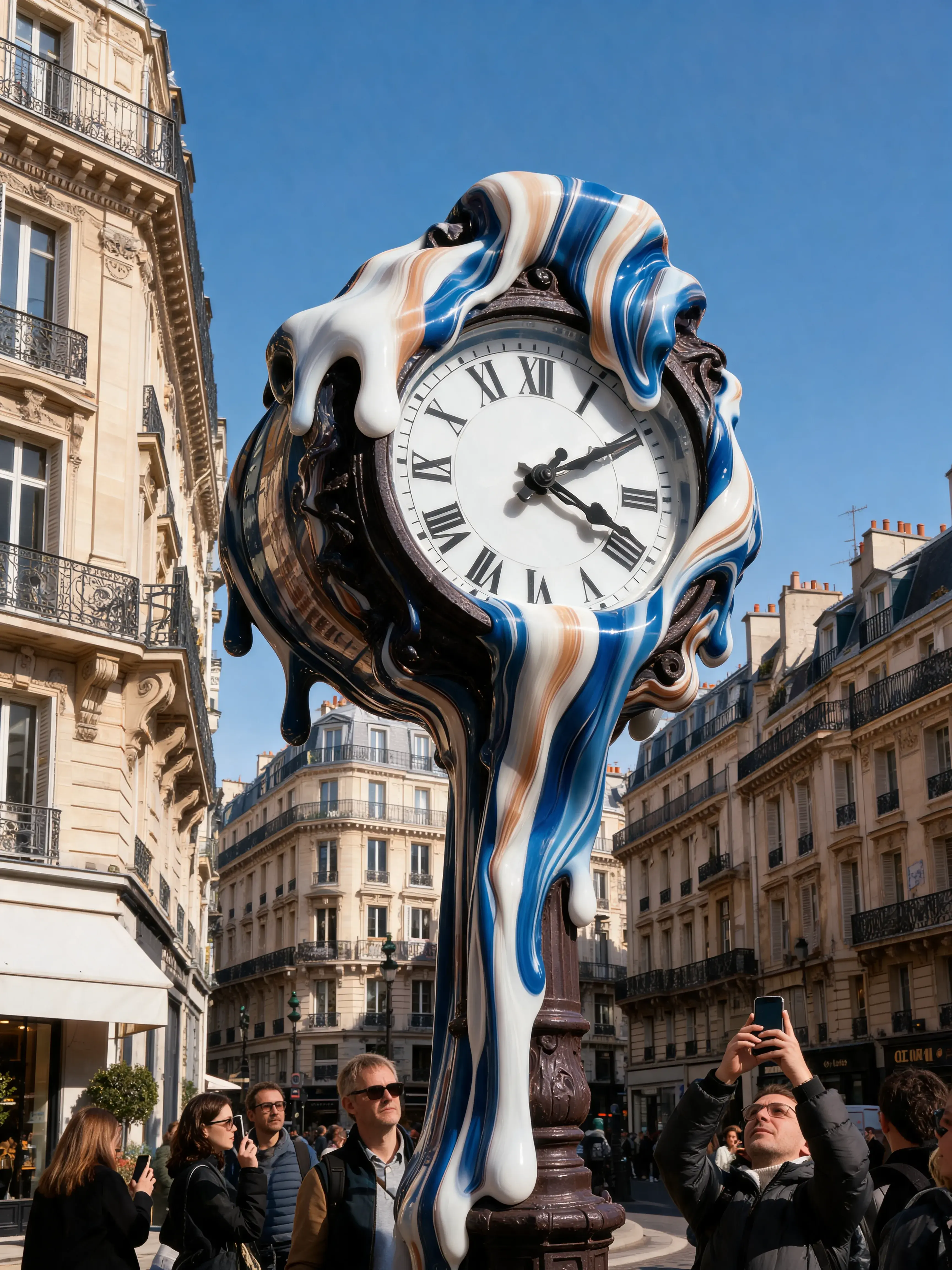 Grande horloge de rue recouverte de matière marbré coulante – contre-plongée, passants, Paris