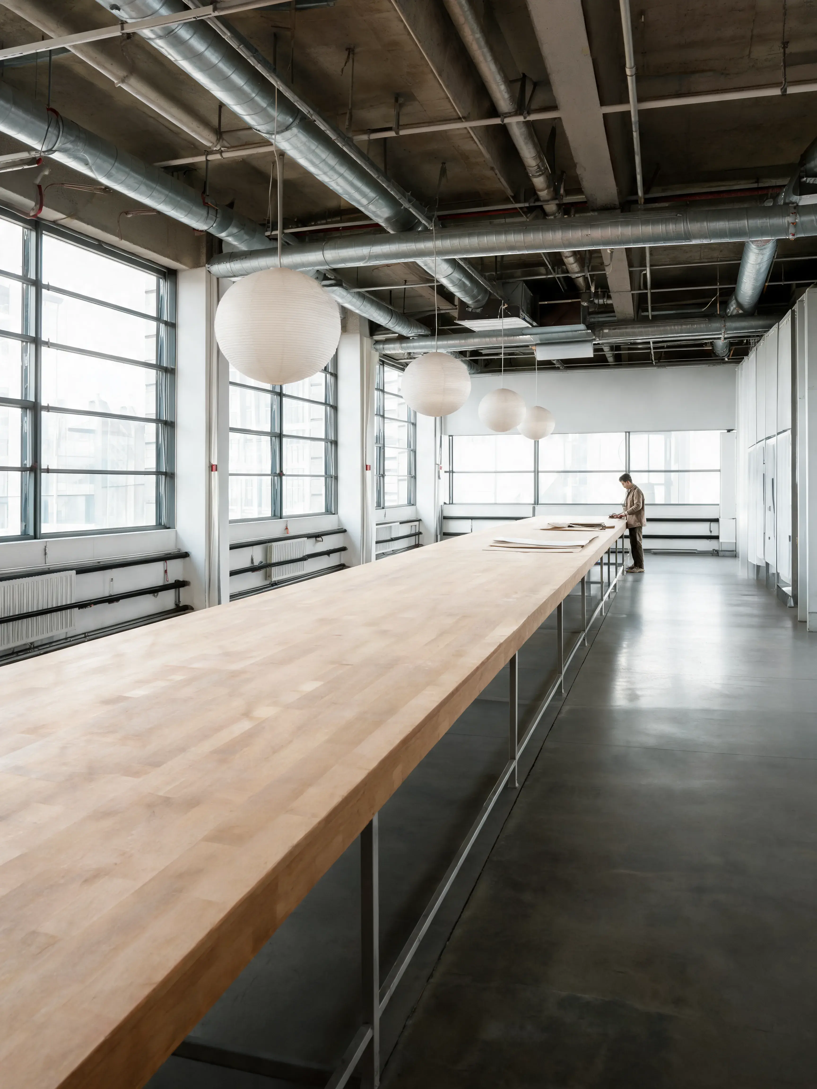 Grande table de coupe bois – atelier lumineux, lampes globe, fenêtres panoramiques, loft mode