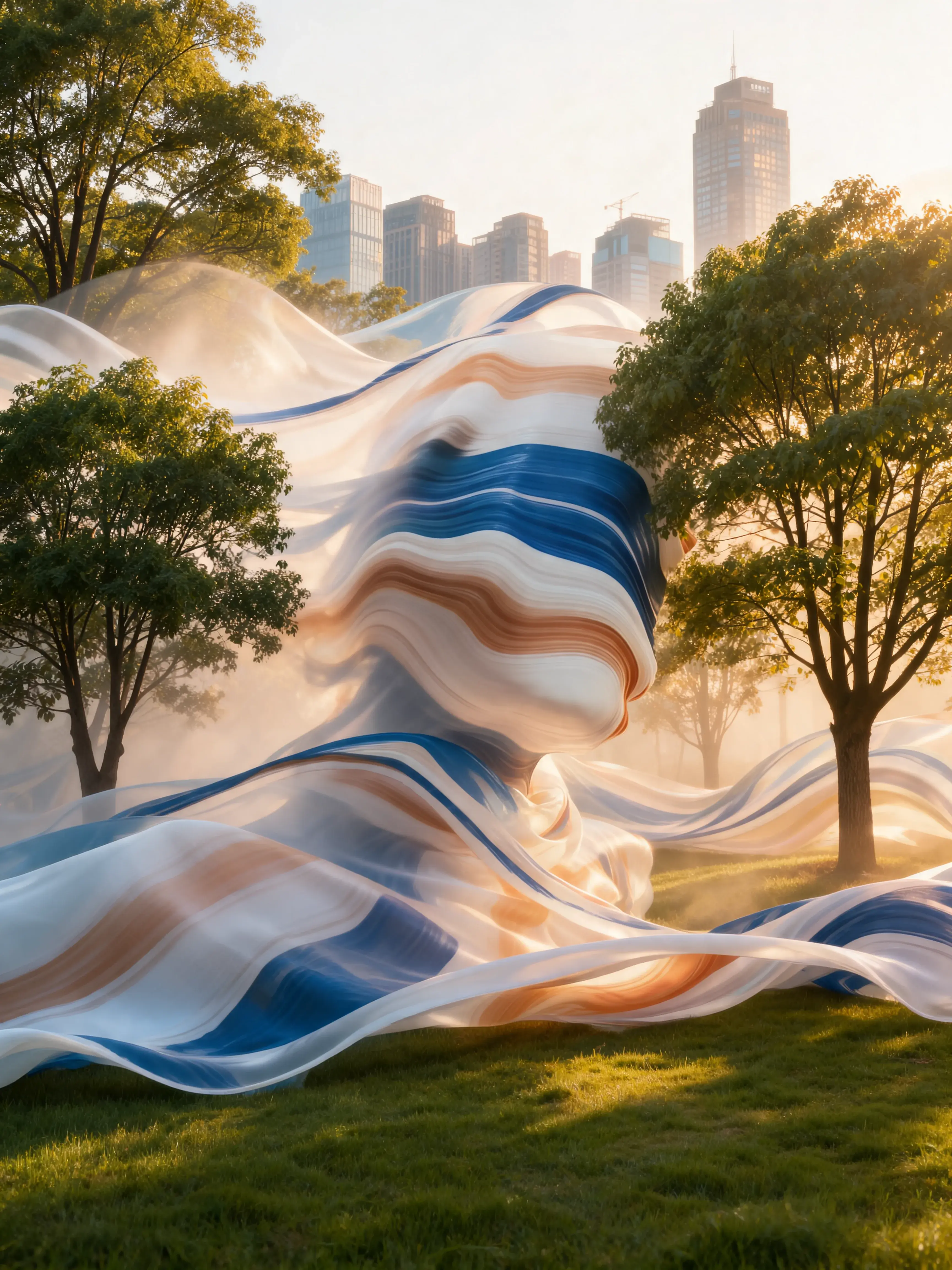 Grande vague de matière marbré flottant dans parc urbain – arbres, gratte-ciels, lumière dorée