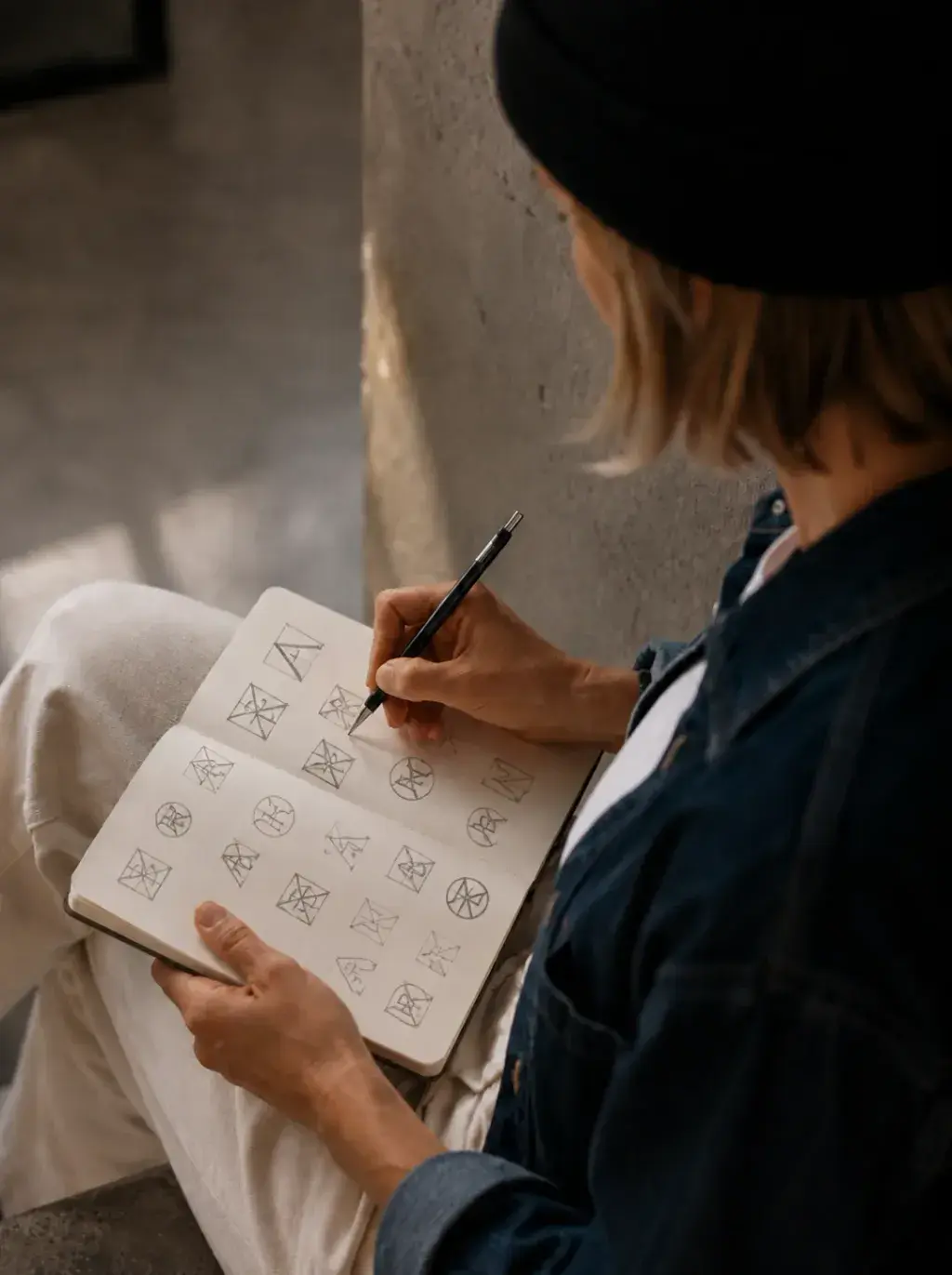Graphiste assise dessinant des esquisses de logos géométriques triangulaires dans un carnet de croquis, bonnet noir