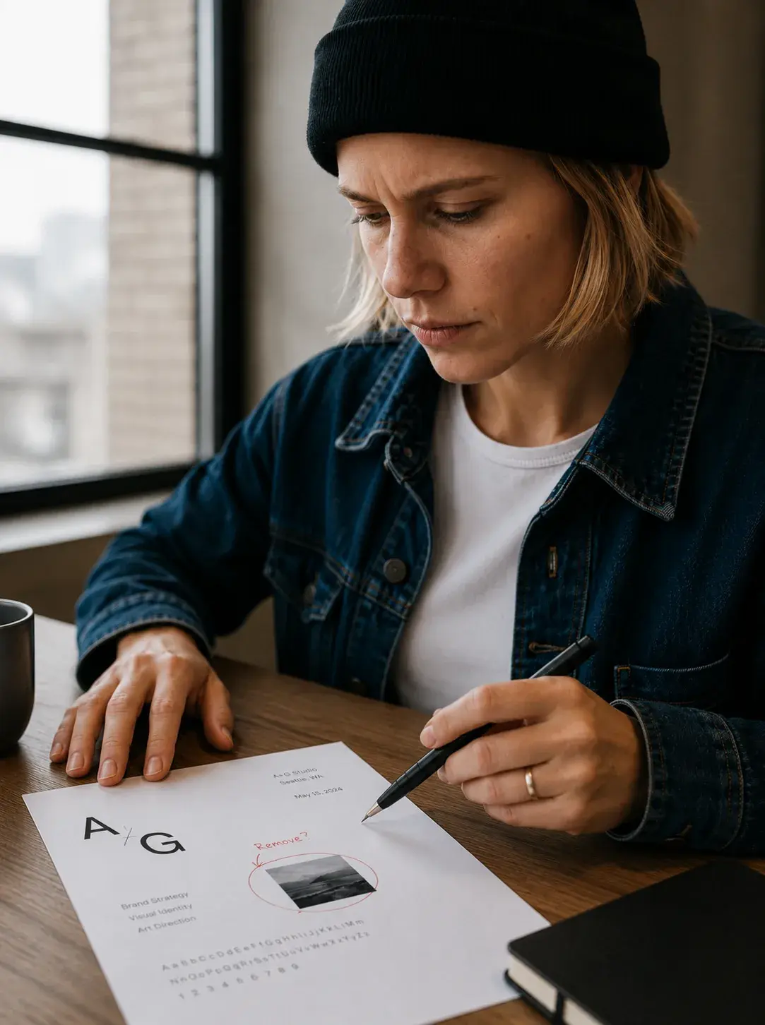 Graphiste concentrée annotant au stylo une charte graphique A+G posée sur son bureau en bois