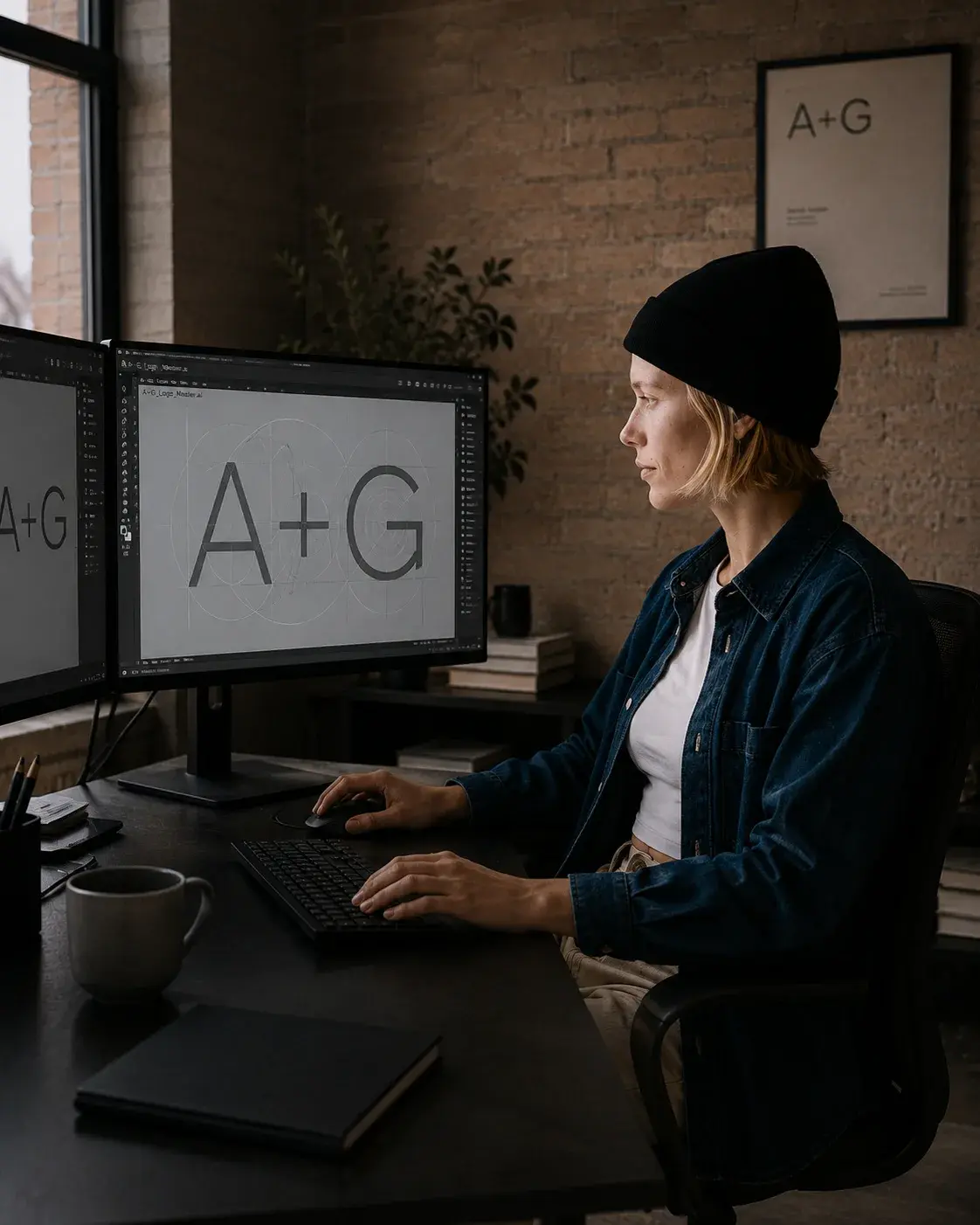 Graphiste de 3/4 devant double écran affichant le logo A+G en grand dans Illustrator, studio brique