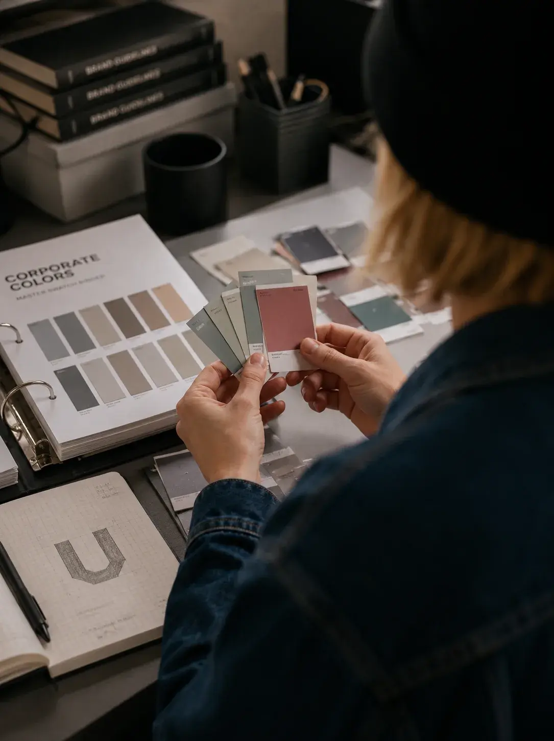 Graphiste de dos choisissant parmi des swatches rose, menthe, gris et bleu devant un livre « Corporate Colors »