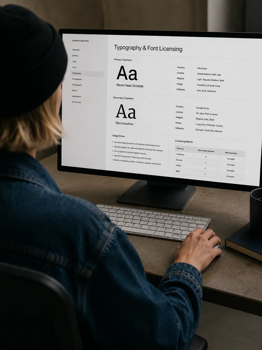 Graphiste de dos devant grand écran affichant la page « Typography & Font Licensing » avec spécifications typographiques détaillées