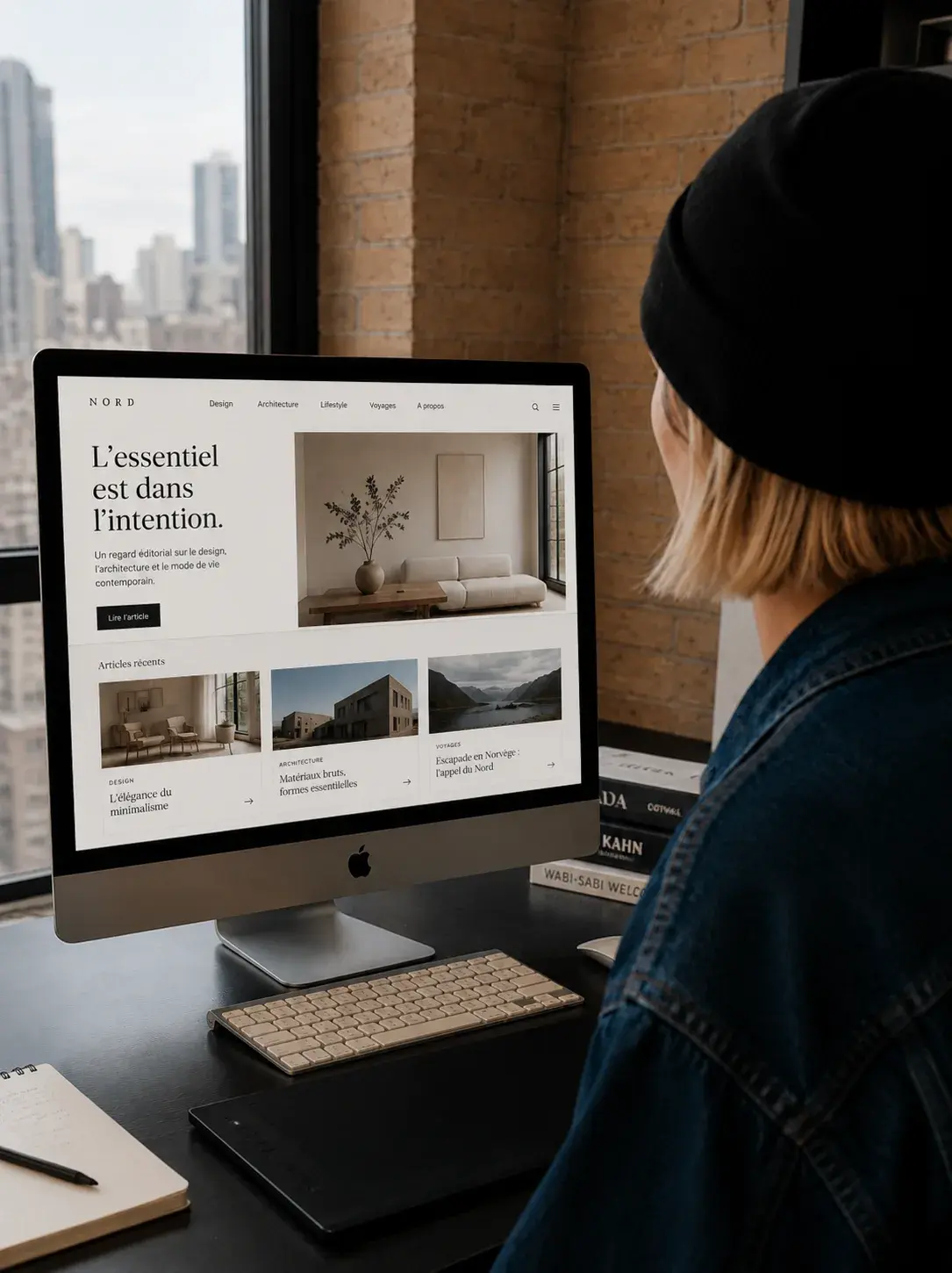 Graphiste de dos devant iMac consultant le site web français « L'essentiel est dans l'intention » d'un studio d'architecture intérieure