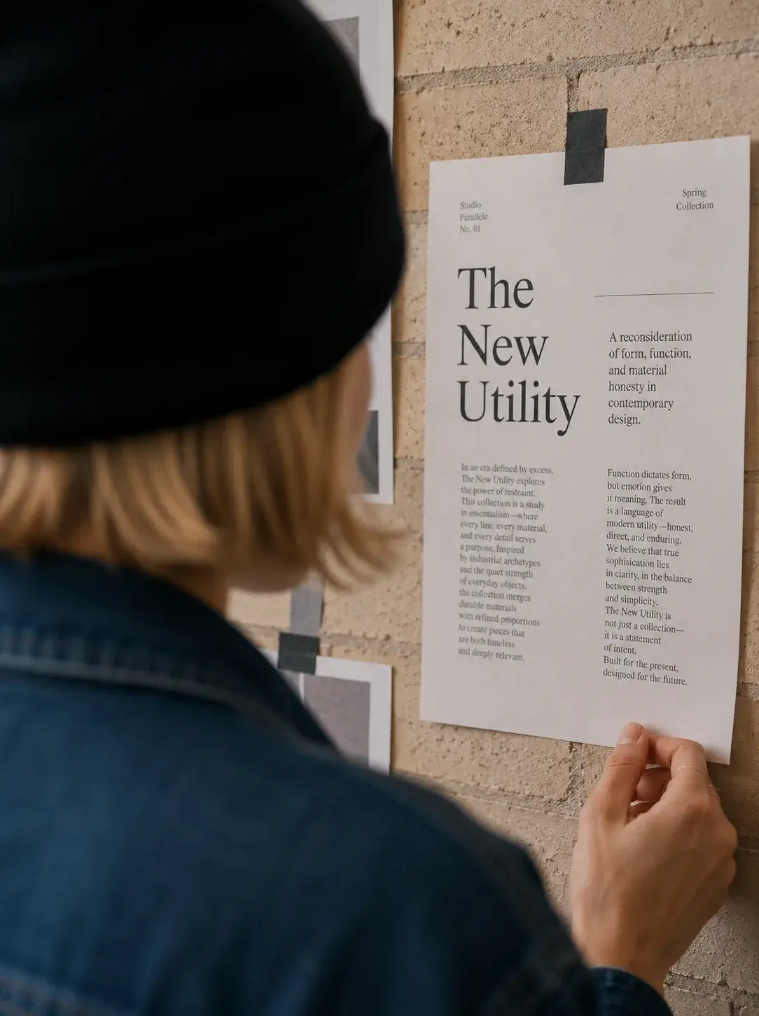 Graphiste de dos épinglant une affiche éditoriale « The New Utility » sur mur béton de son studio