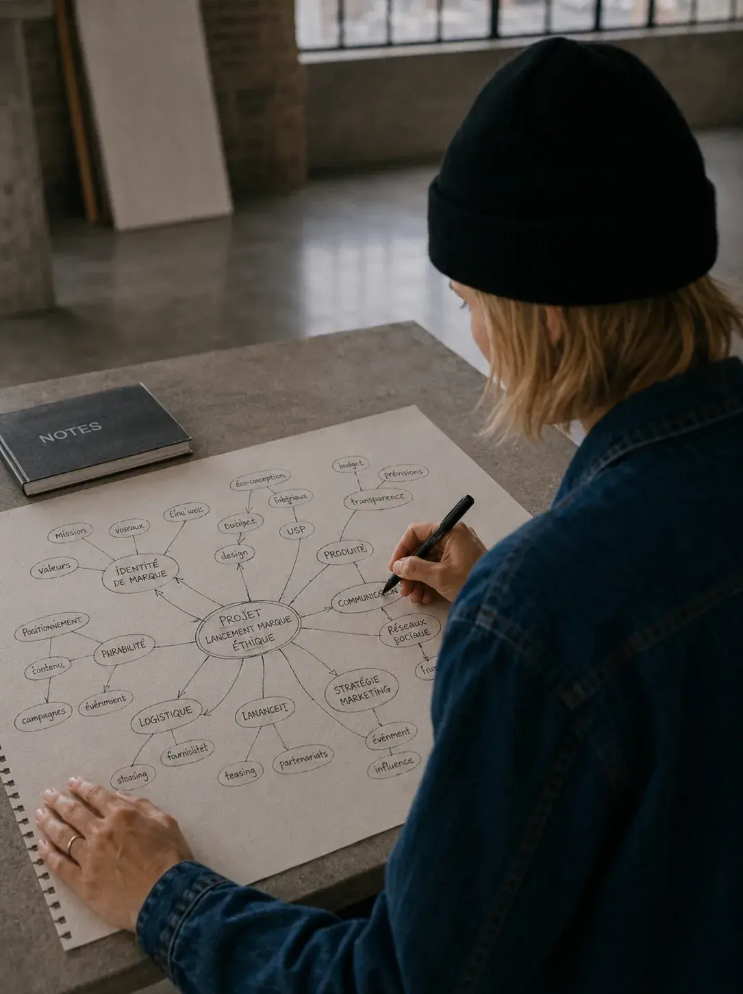 Graphiste de dos penchée sur une grande carte mentale « Brand Positioning » tracée au crayon sur papier craft